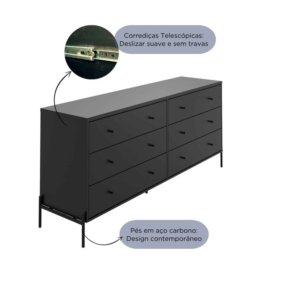 Cômoda 6 Gavetas Jasper 182 cm Preto Fosco - Província - Cômoda