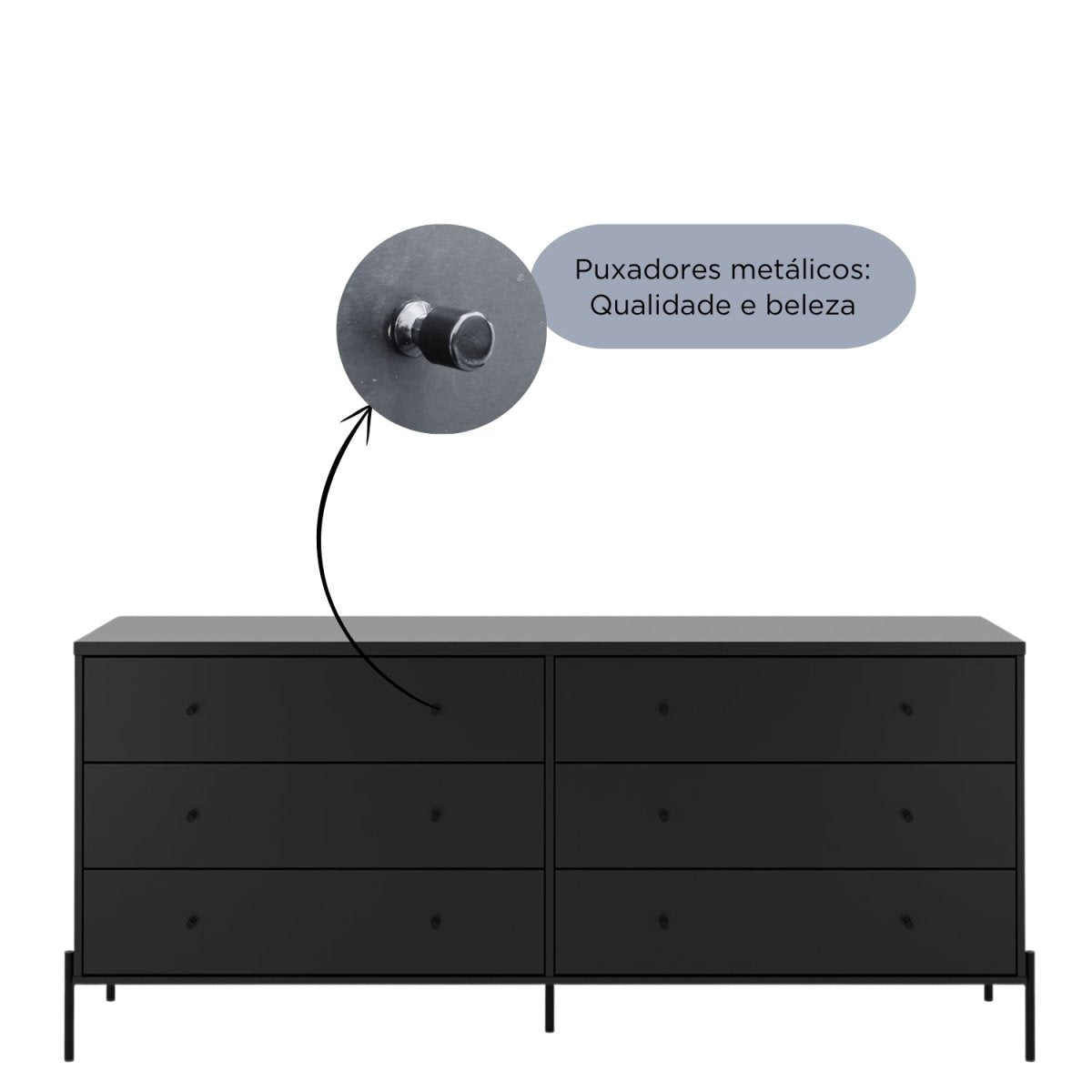 Cômoda 6 Gavetas Jasper 182 cm Preto Fosco - Província - Cômoda