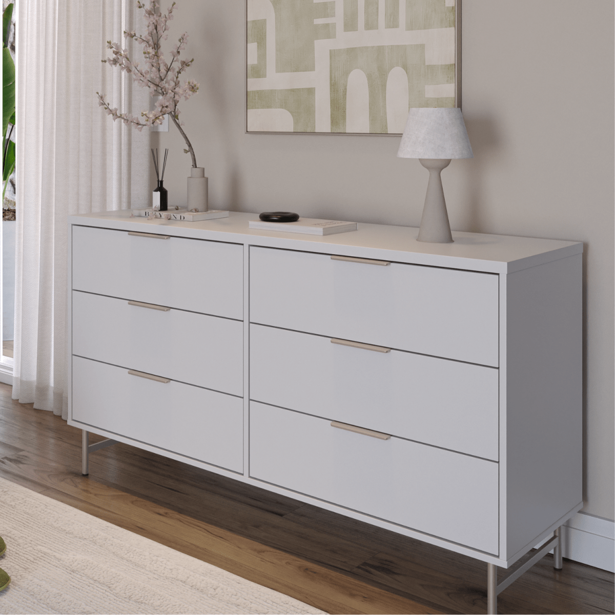 Cômoda 6 Gavetas Yves 135cm Branco Fosco com Champanhe - Província - Cômoda