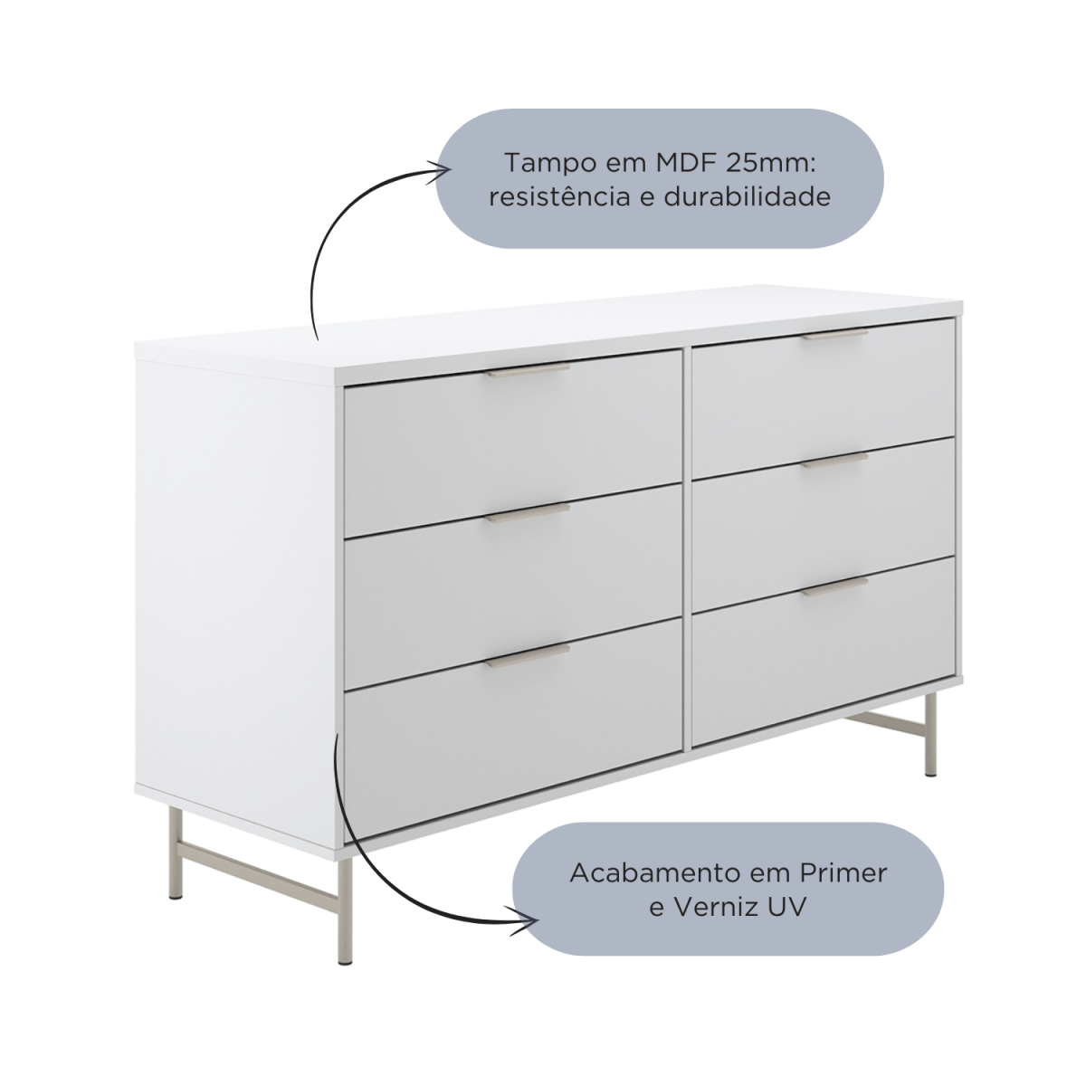 Cômoda 6 Gavetas Yves 135cm Branco Fosco com Champanhe - Província - Cômoda