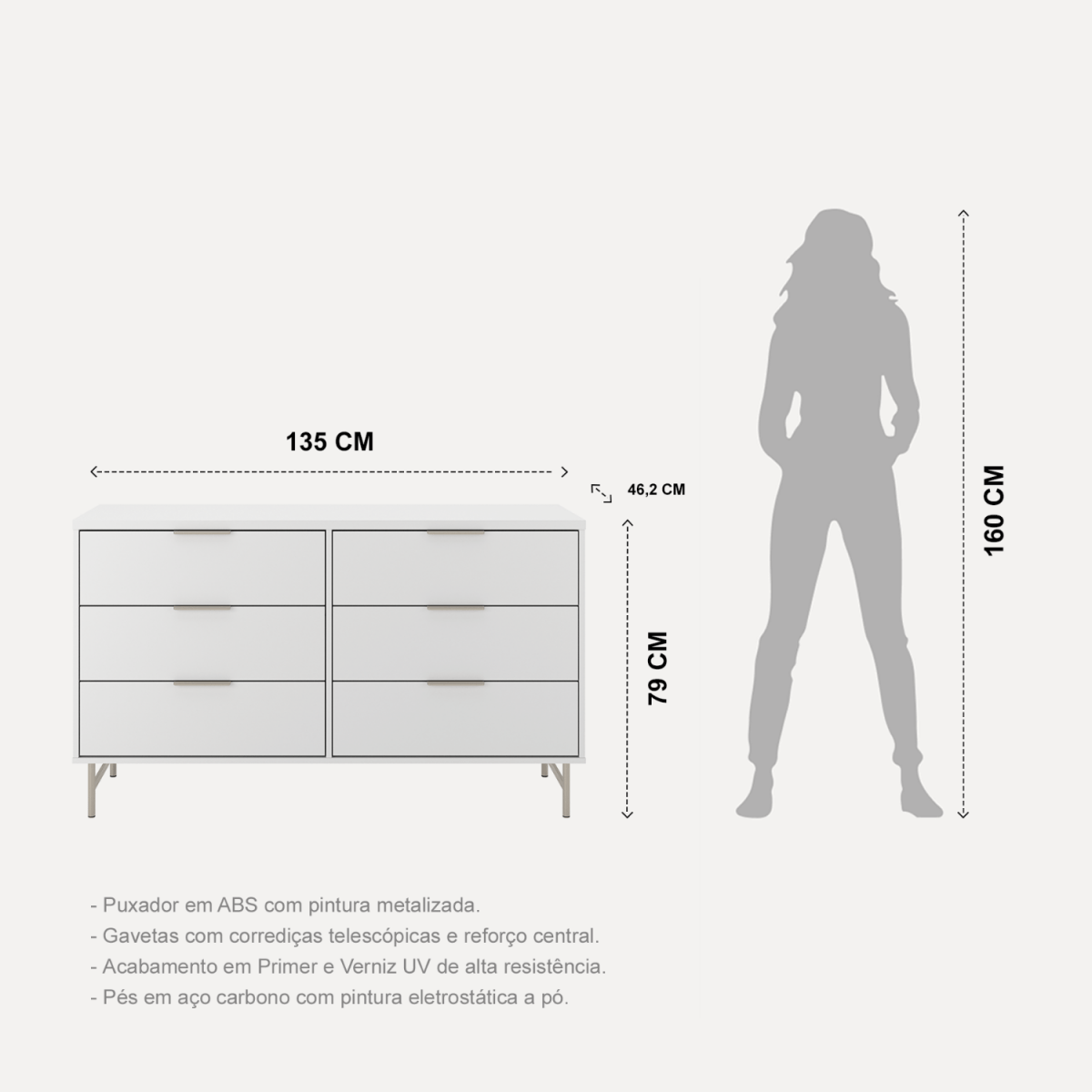 Cômoda 6 Gavetas Yves 135cm Branco Fosco com Champanhe - Província - Cômoda