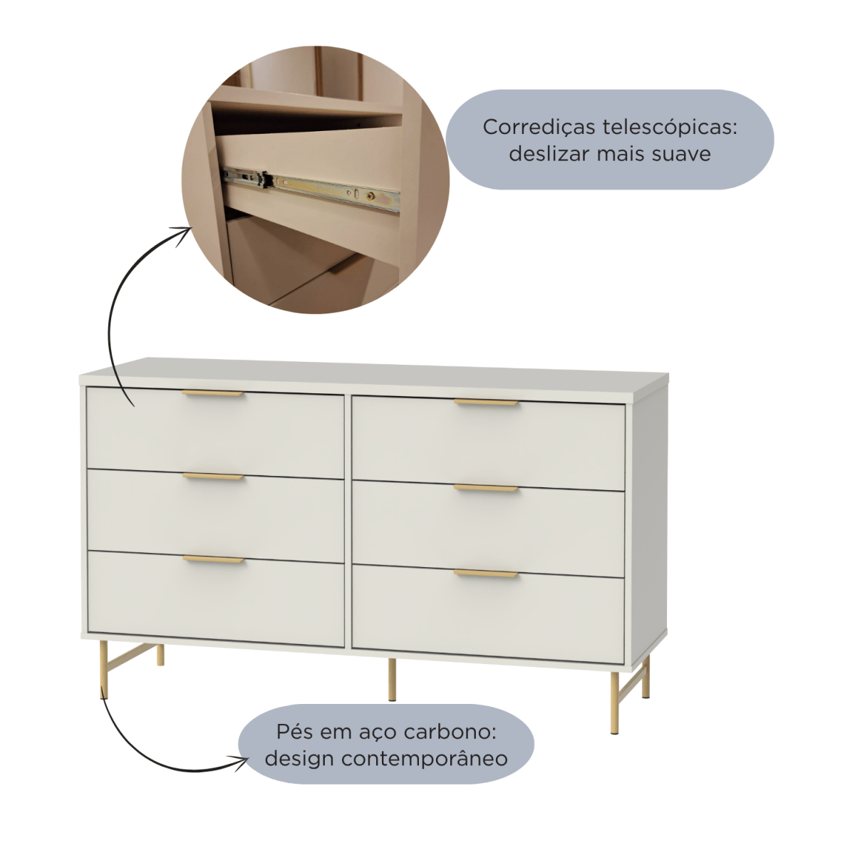 Cômoda 6 Gavetas Yves 135cm Off White com Dourado - Província - Cômoda