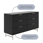 Cômoda 6 Gavetas Yves 135cm Preto Fosco com Champanhe - Província - Cômoda