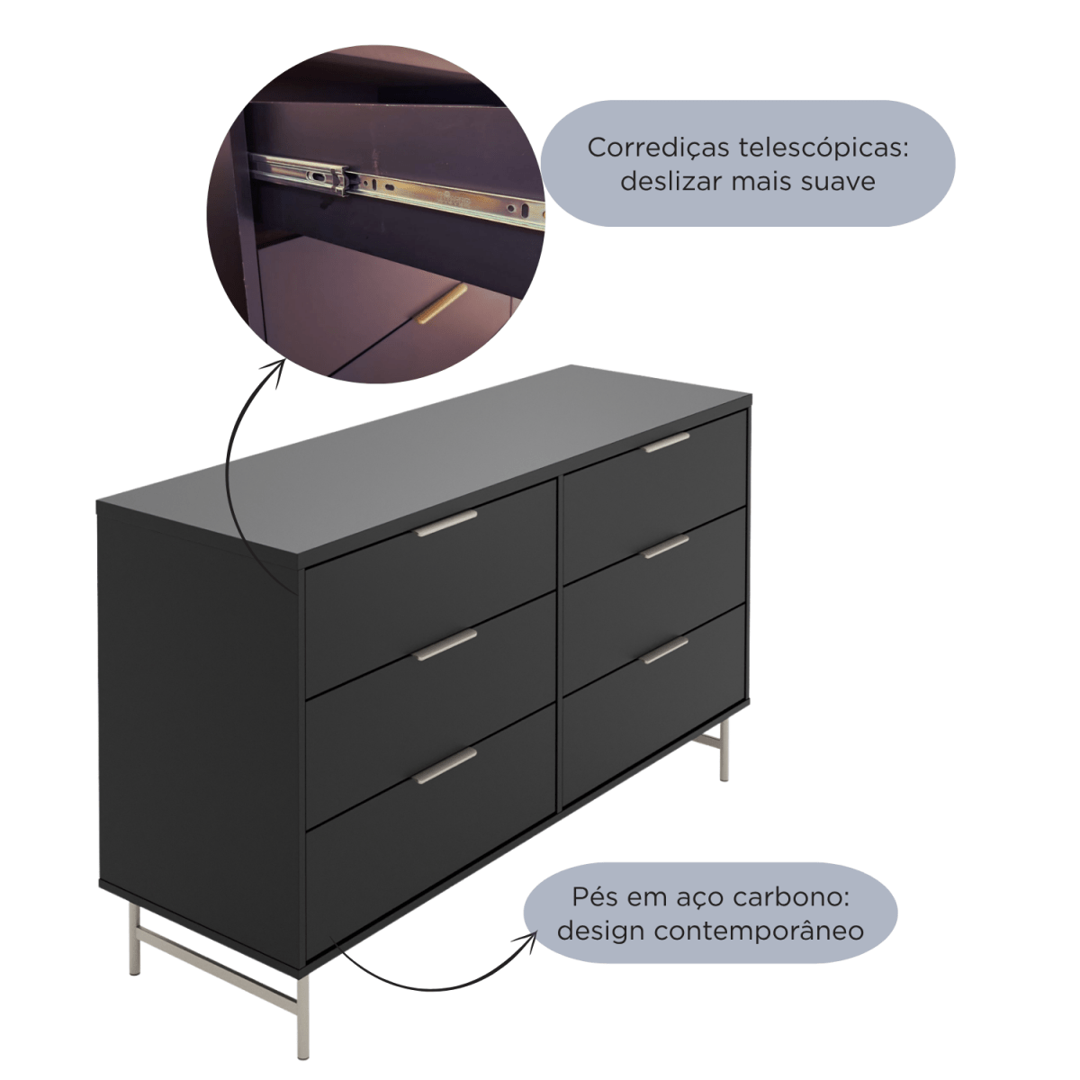 Cômoda 6 Gavetas Yves 135cm Preto Fosco com Champanhe - Província - Cômoda