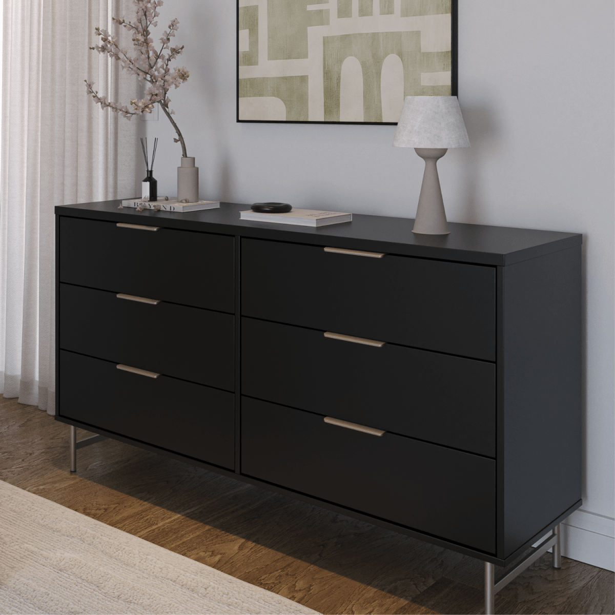 Cômoda 6 Gavetas Yves 135cm Preto Fosco com Champanhe - Província - Cômoda