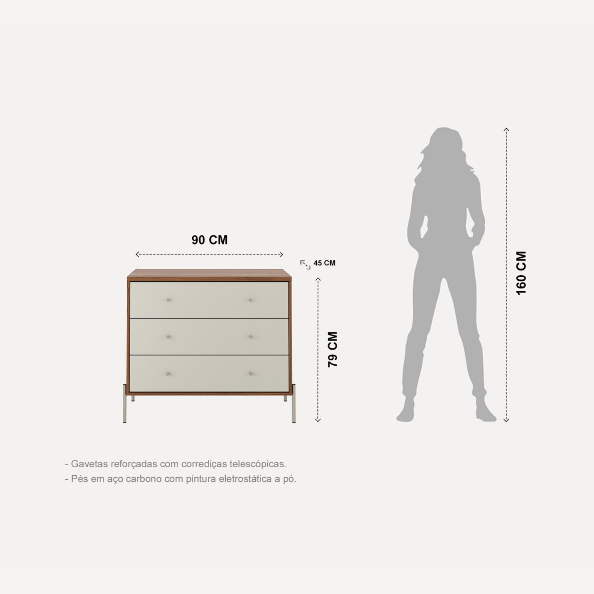 Cômoda com 3 Gavetas Jasper 94cm Canella e Off White com Champanhe - Província - Cômoda