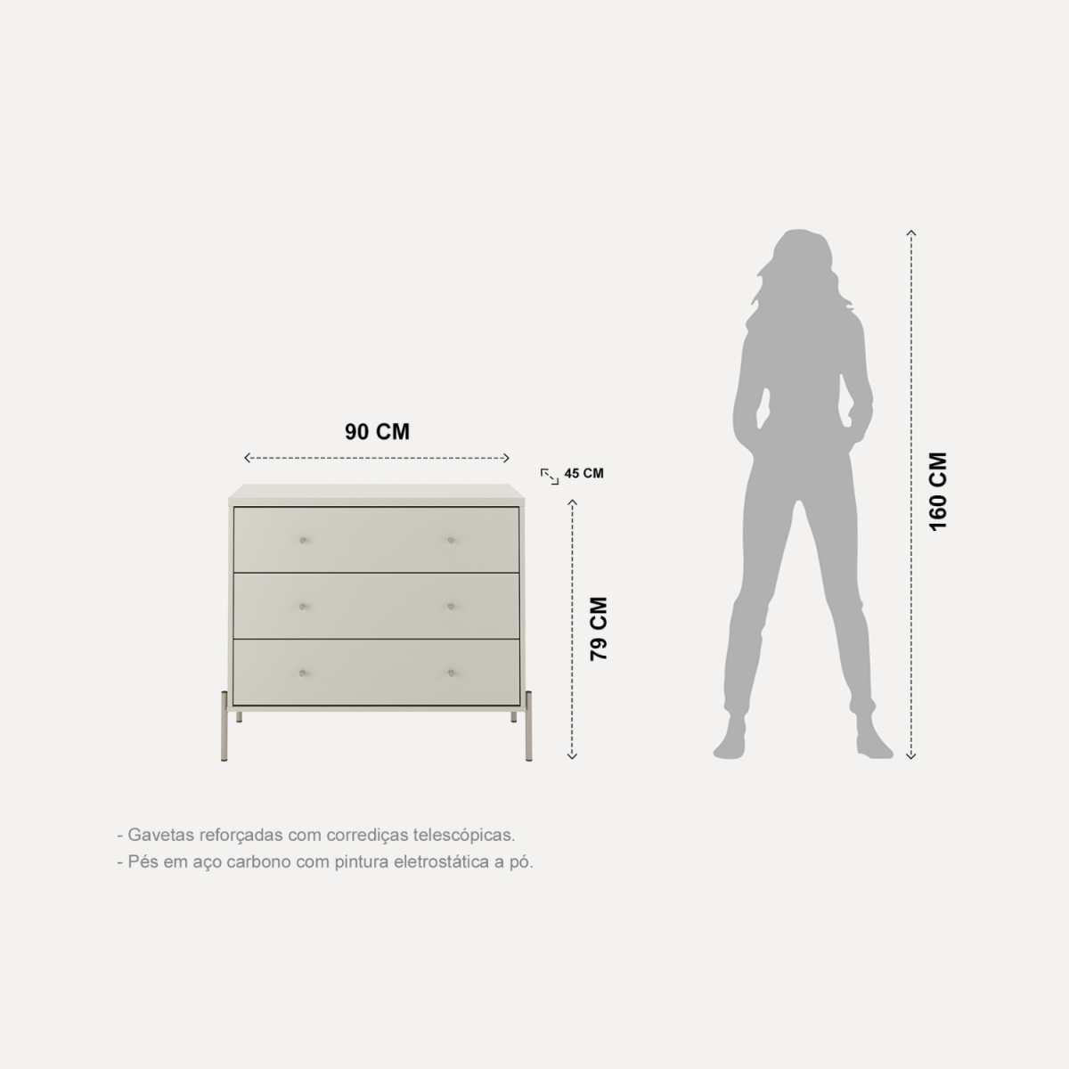 Cômoda com 3 Gavetas Jasper 94cm Off White com Champanhe - Província - Cômoda