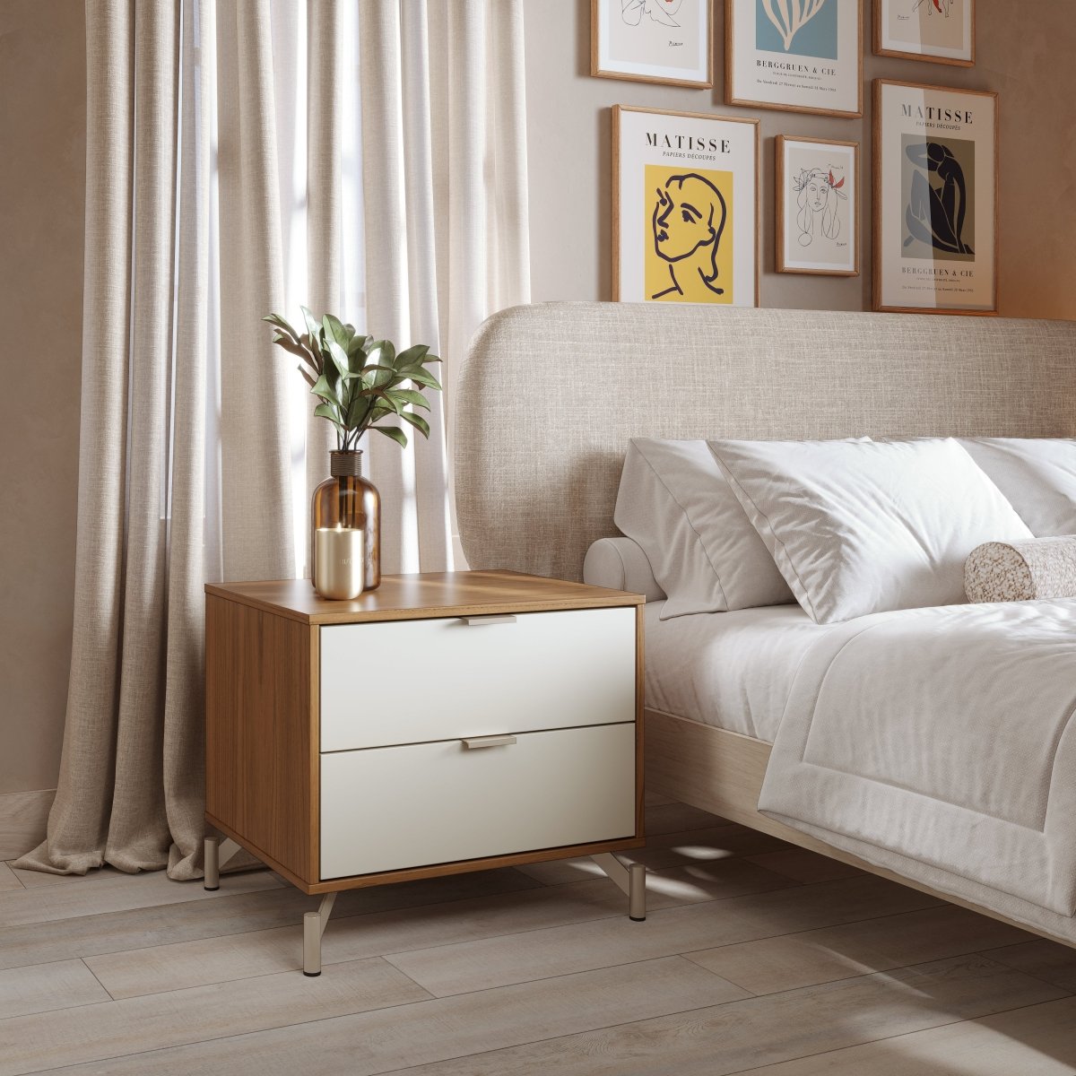 Cômoda com 6 Gavetas e 2 Mesas de Cabeceira Glow Off White Fosco com Champanhe - Província - Conjunto para Quarto