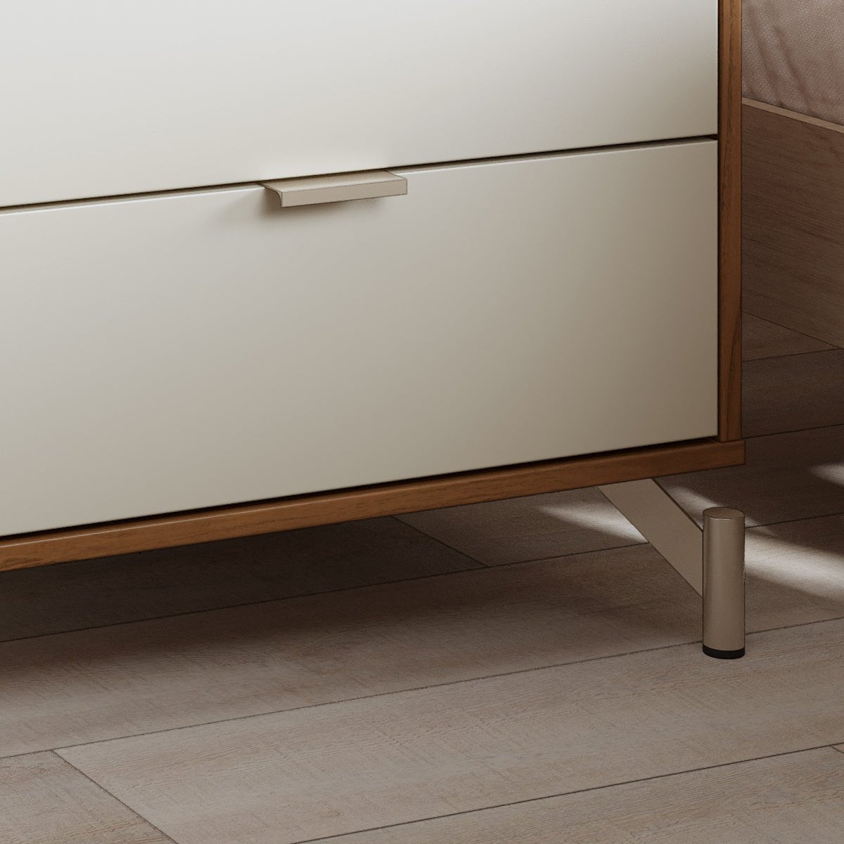 Cômoda com 6 Gavetas e 2 Mesas de Cabeceira Glow Off White Fosco com Champanhe - Província - Conjunto para Quarto