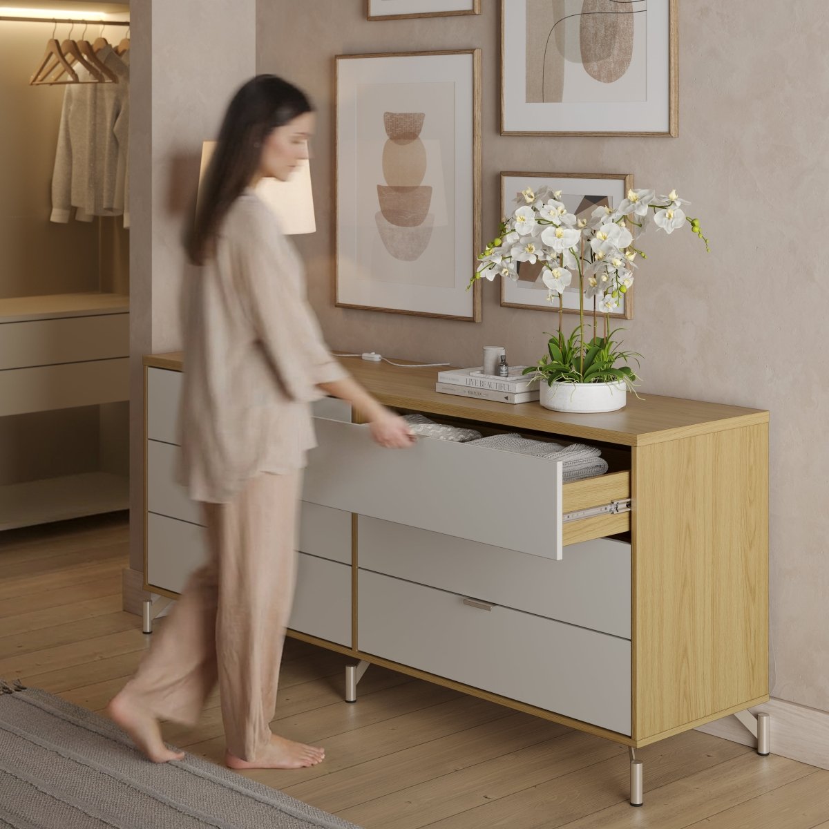 Cômoda com 6 Gavetas e 2 Mesas de Cabeceira Glow Off White Fosco com Champanhe - Província - Conjunto para Quarto