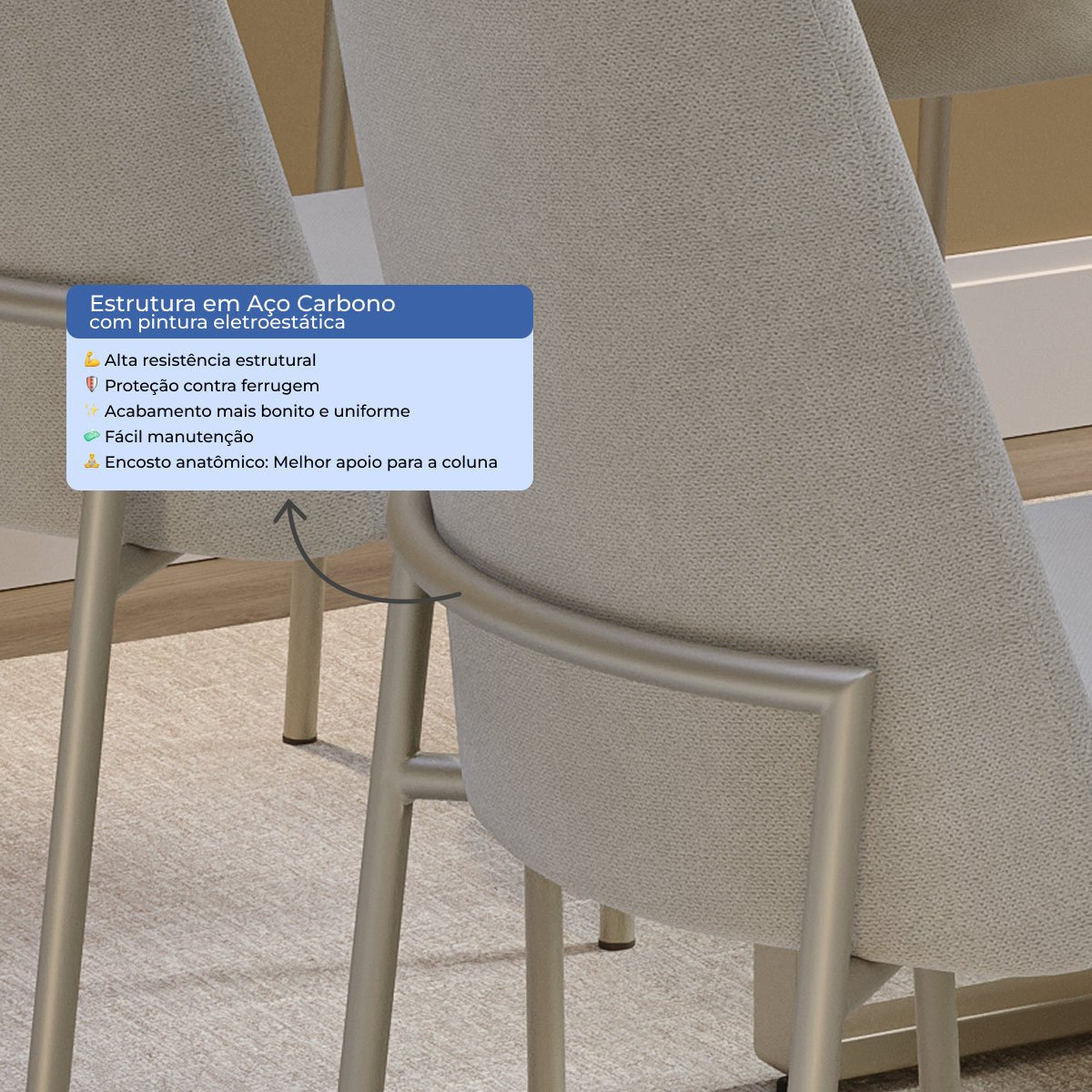 Conjunto de 6 Cadeiras de Aço Estofada Lucille Champanhe com Soft Palha - Província - 