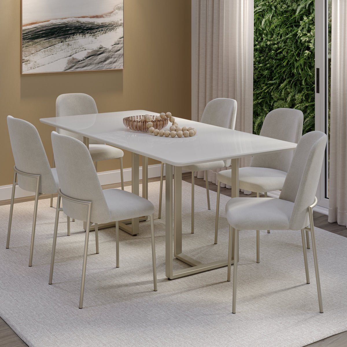 Conjunto de Jantar Mesa Retangular com Vidro Arcádia 6 Cadeiras Lucille Off White com Champanhe - Província - 