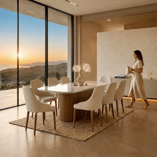 Conjunto de Jantar Mesa Retangular com Vidro Kalina 8 Cadeiras Evelyn Natural com Off White - Província -