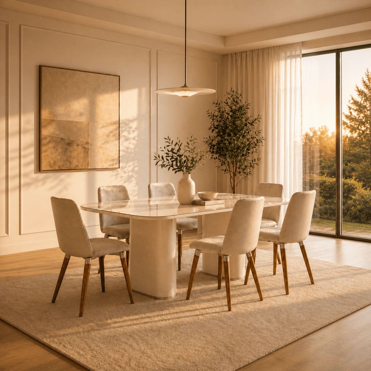 Conjunto de Jantar Mesa Retangular com Vidro Lintz 6 Cadeiras Dakota Off White Bege e Champanhe - Província - Mesa 6 Cadeiras