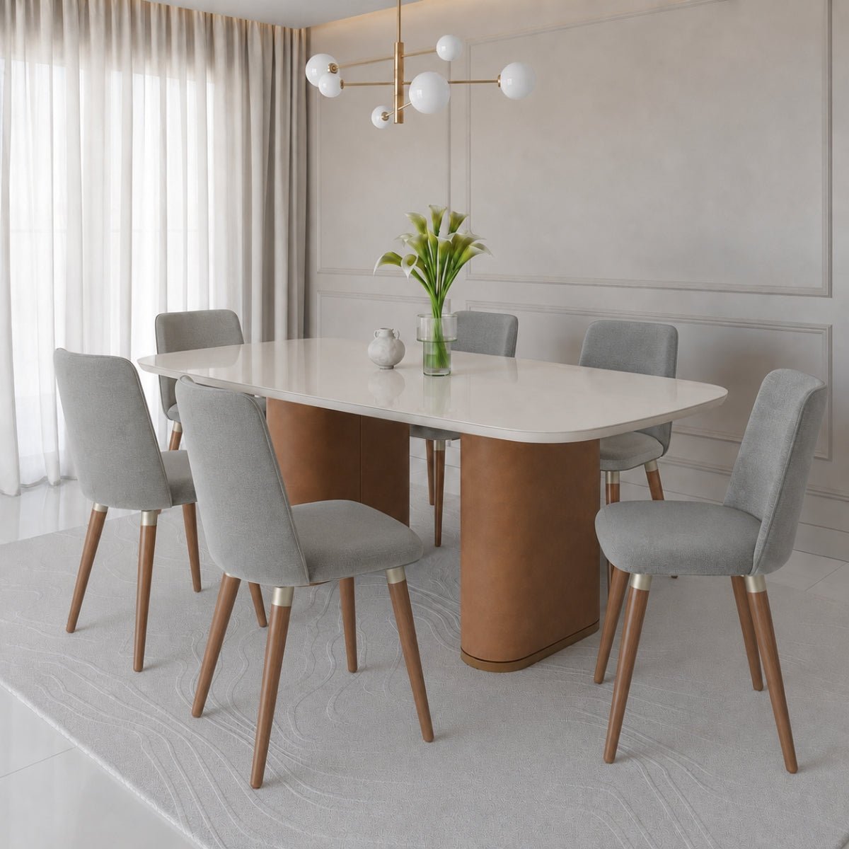 Conjunto de Jantar Mesa Retangular com Vidro Lintz 6 Cadeiras Giratórias Dakota - Província - Mesa 6 Cadeiras