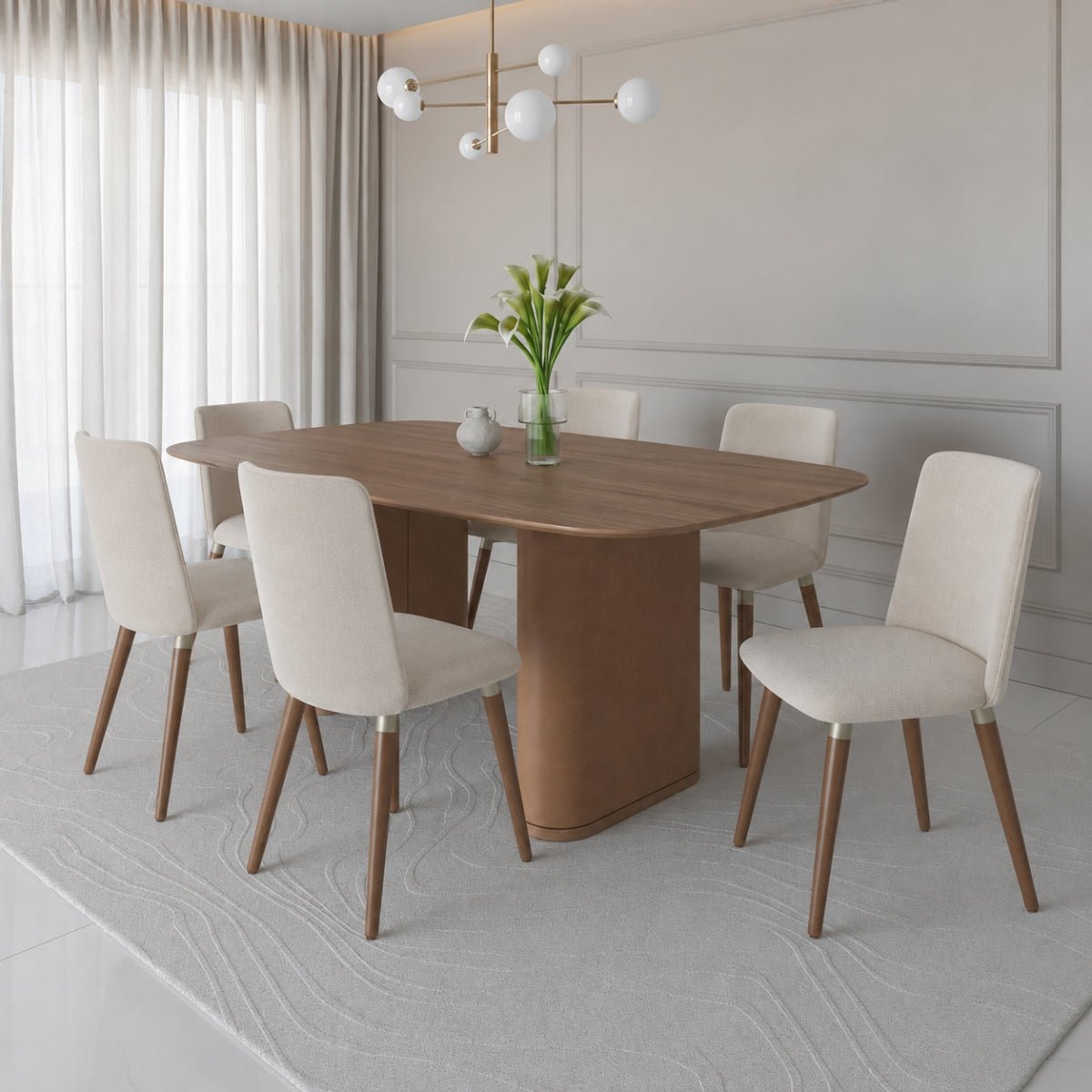 Conjunto de Jantar Mesa Retangular com Vidro Lintz 6 Cadeiras Giratórias Dakota - Província - Mesa 6 Cadeiras