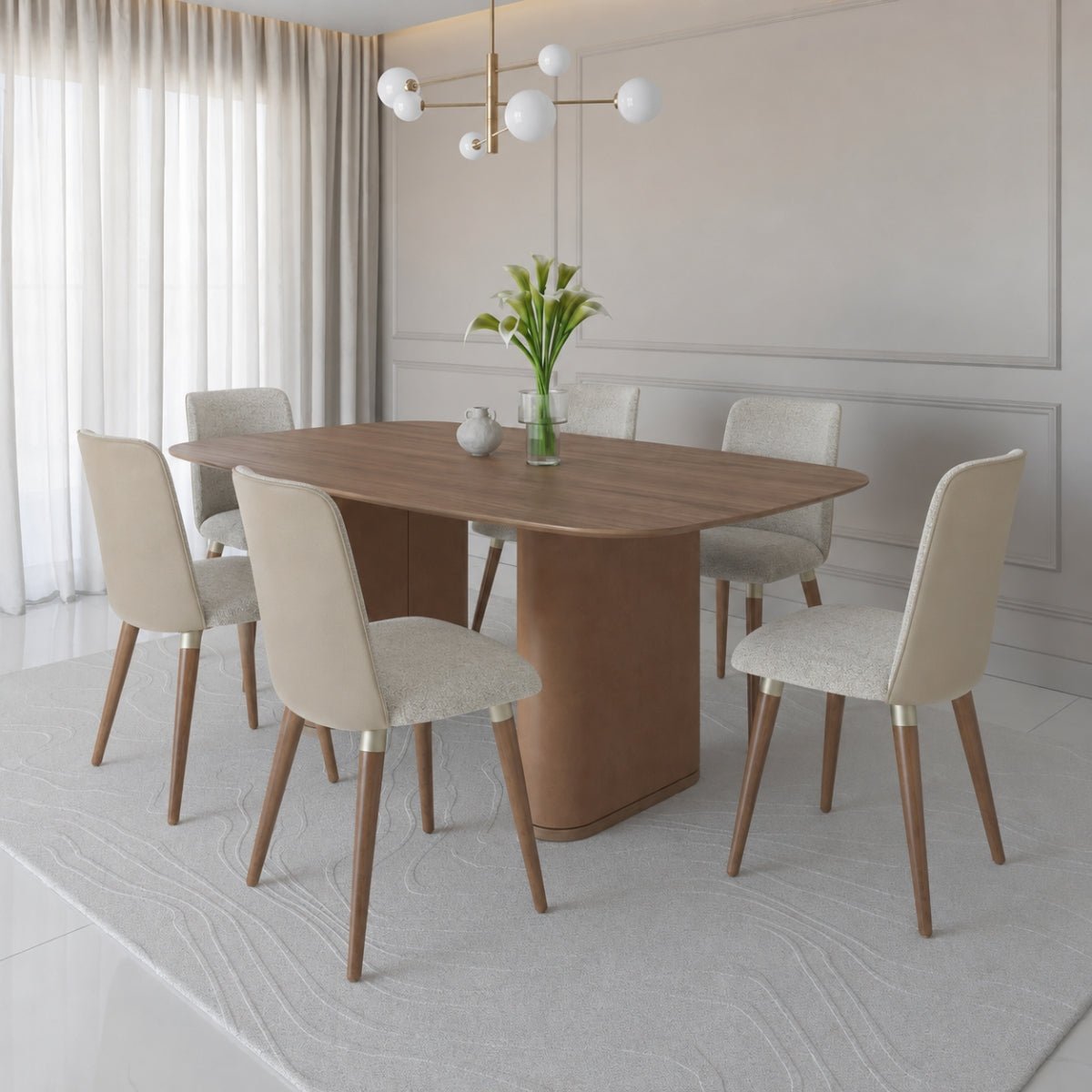 Conjunto de Jantar Mesa Retangular com Vidro Lintz 6 Cadeiras Giratórias Dakota - Província - Mesa 6 Cadeiras