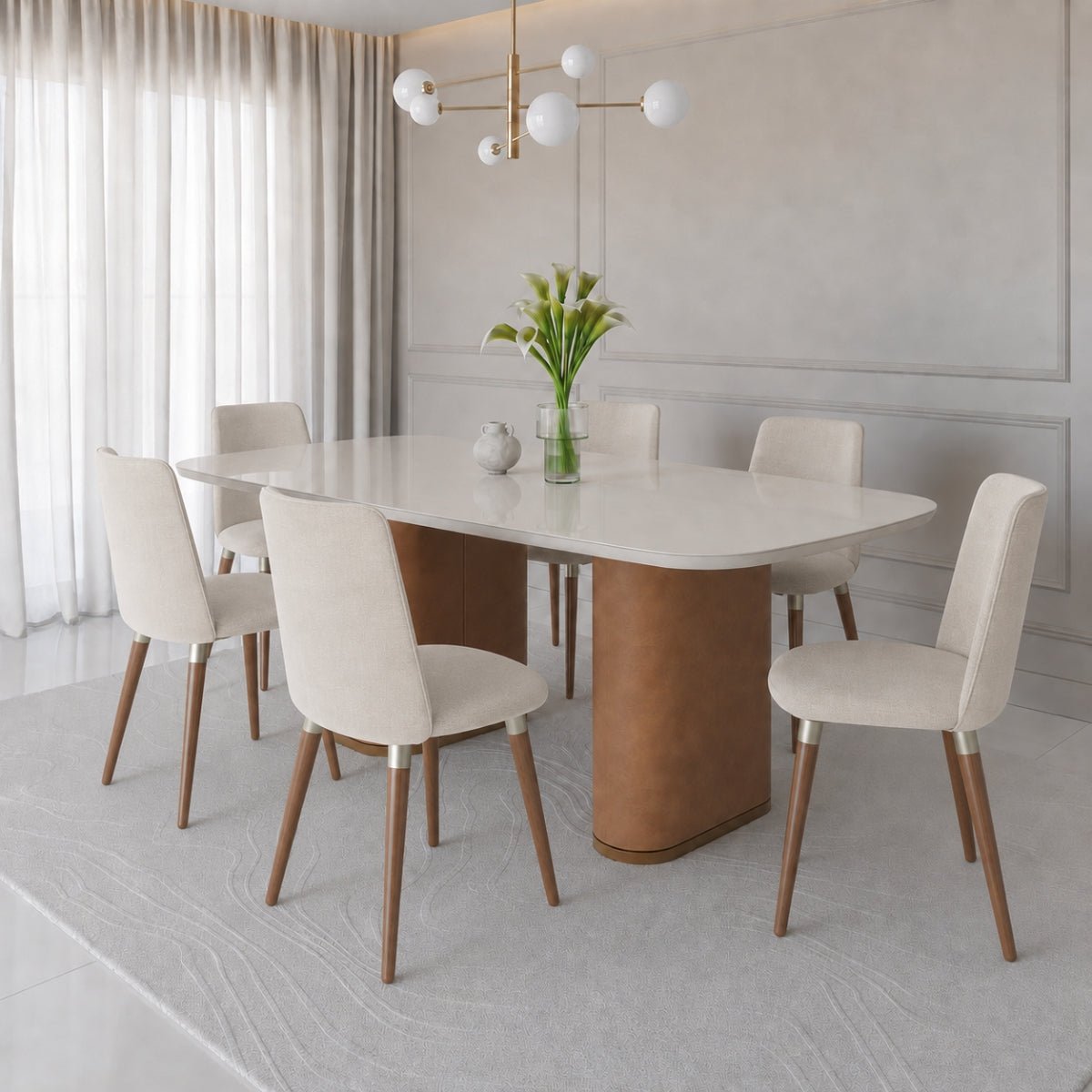 Conjunto de Jantar Mesa Retangular com Vidro Lintz 6 Cadeiras Giratórias Dakota - Província - Mesa 6 Cadeiras