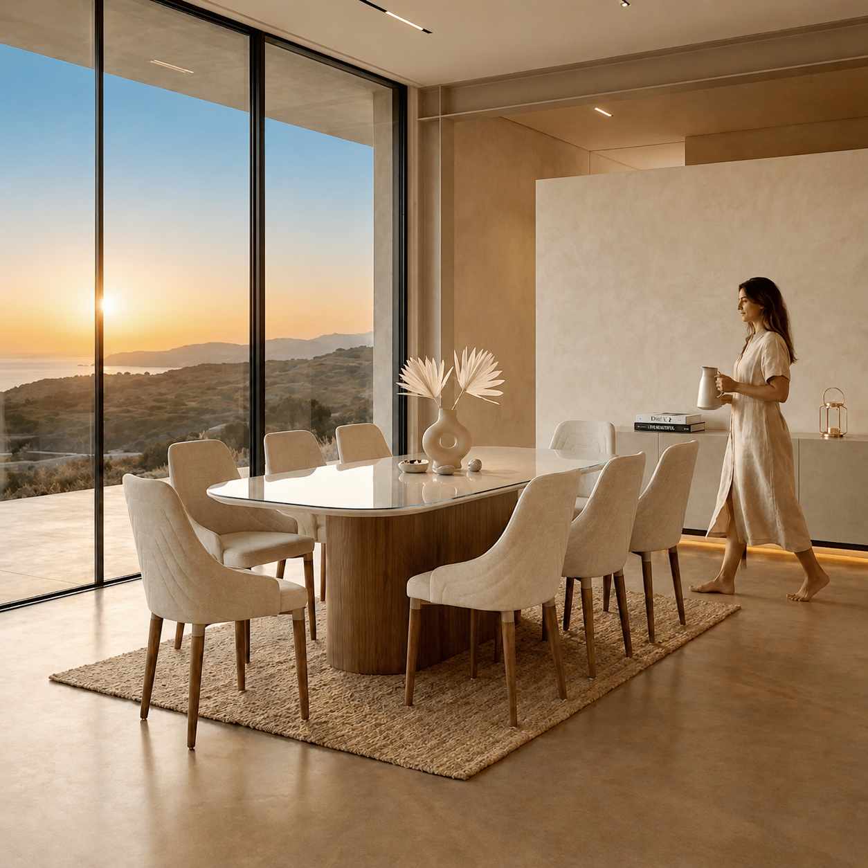 Conjunto de Jantar Mesa Retangular com Vidro Kalina 8 Cadeiras Evelyn Natural com Off White