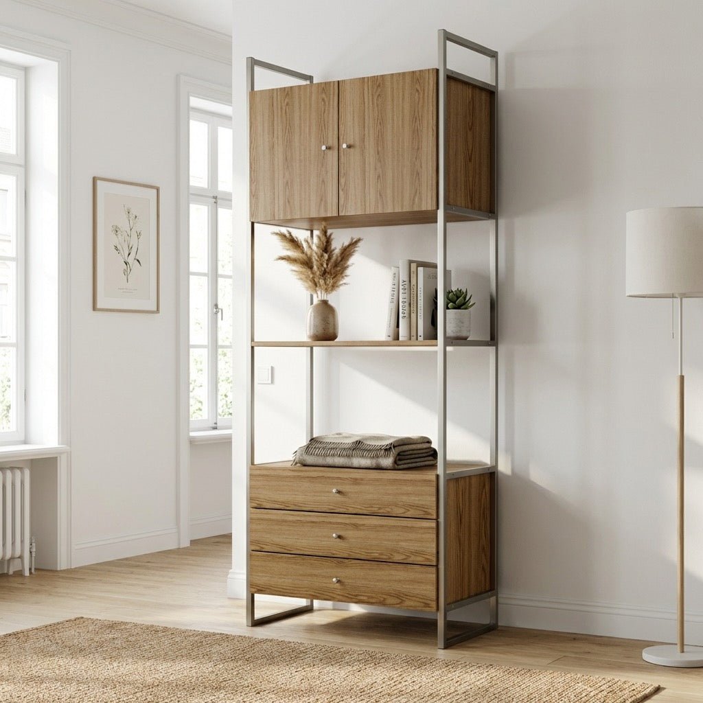 Estante com 3 Gavetas 2 Portas Voss 75cm Freijó com Champanhe - Província - Estante