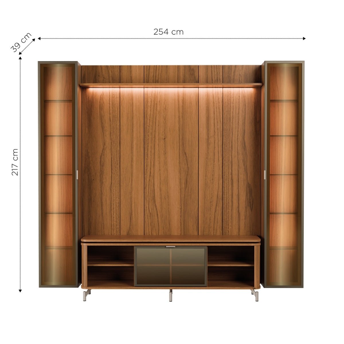Estante para TV até 75 Polegadas com 2 Cristaleiras Vidro Reflecta 100% MDF com Led Lincoln Float 254cm - Província - Rack com painel