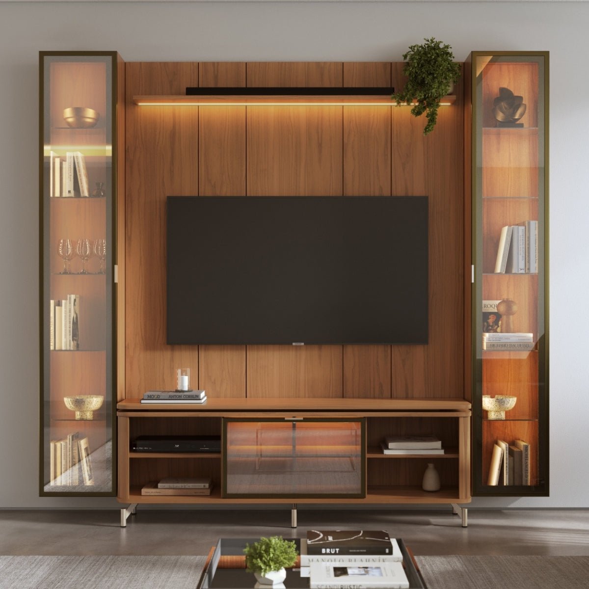 Estante para TV até 75 Polegadas com 2 Cristaleiras Vidro Reflecta 100% MDF com Led Lincoln Float 254cm - Província - Rack com painel