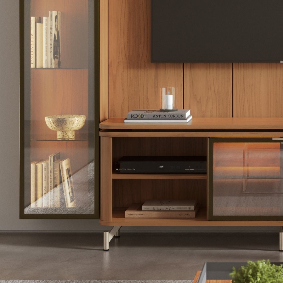 Estante para TV até 75 Polegadas com 2 Cristaleiras Vidro Reflecta 100% MDF com Led Lincoln Float 254cm - Província - Rack com painel
