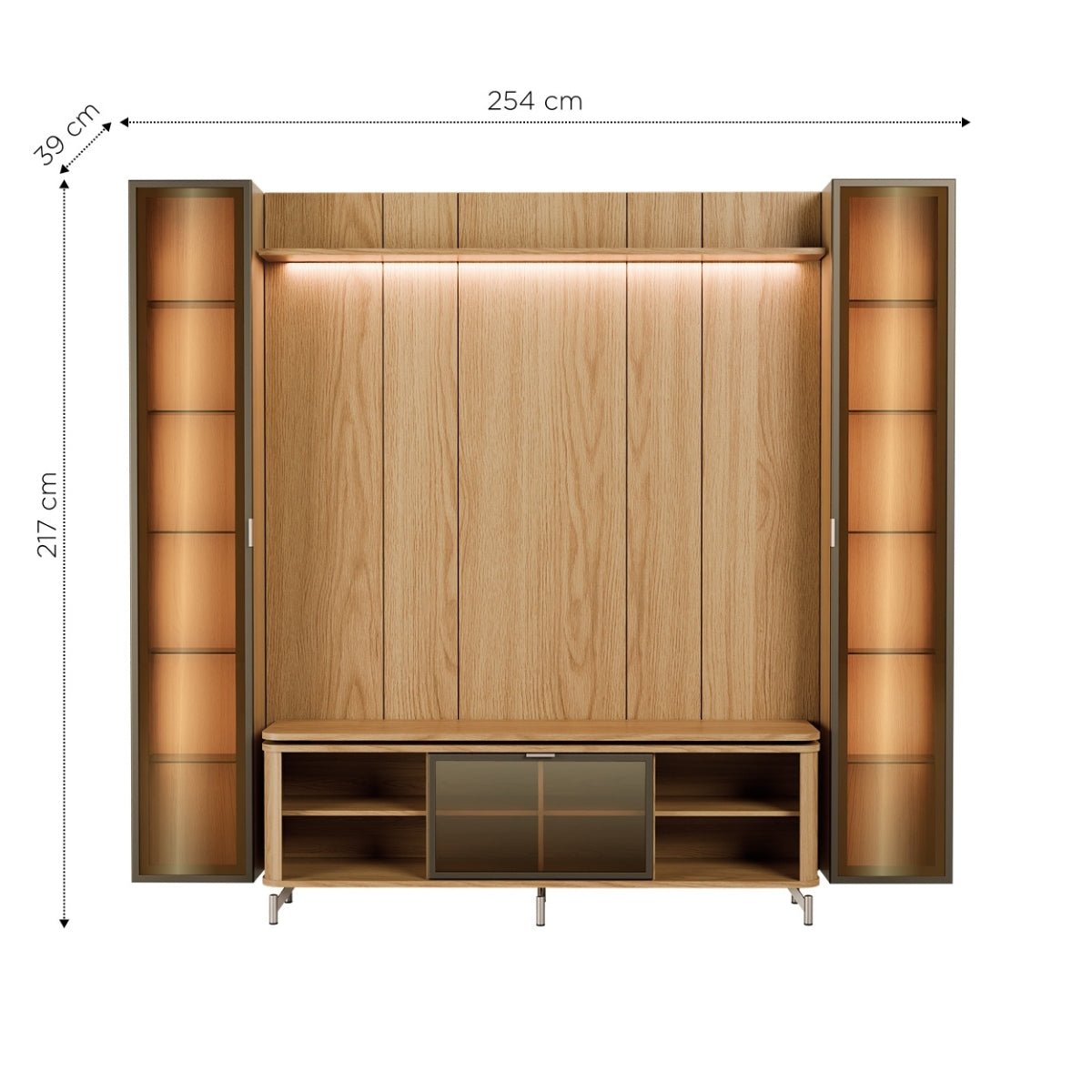 Estante para TV até 75 Polegadas com 2 Cristaleiras Vidro Reflecta 100% MDF com Led Lincoln Float 254cm - Província - Rack com painel