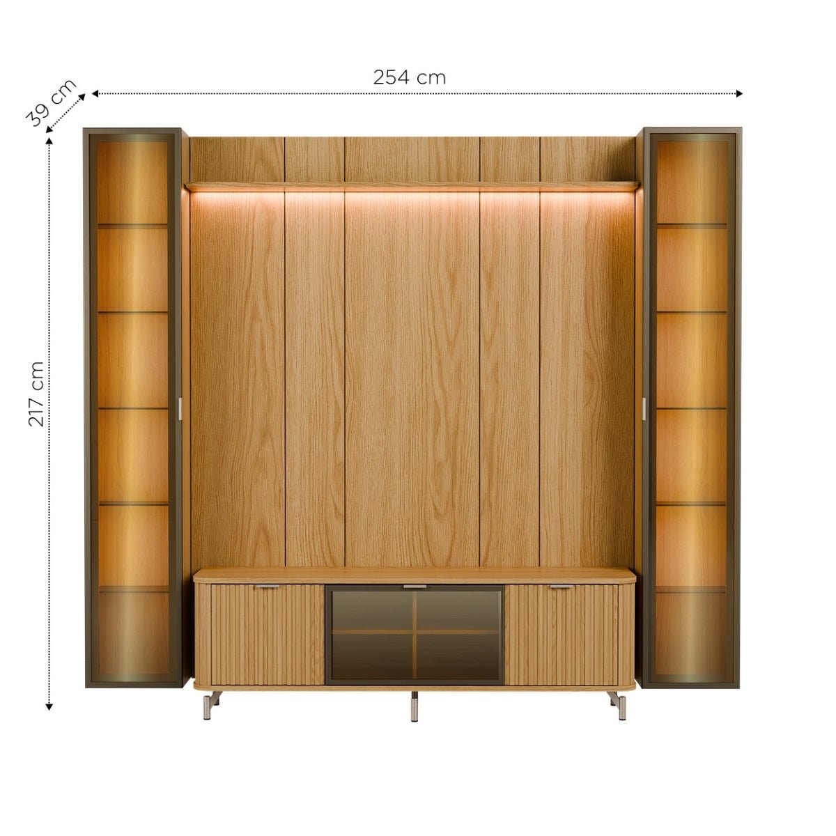 Estante para TV até 75 Polegadas com 2 Cristaleiras Vidro Reflecta 100% MDF com Led Neon Float 254cm - Província - Rack com painel