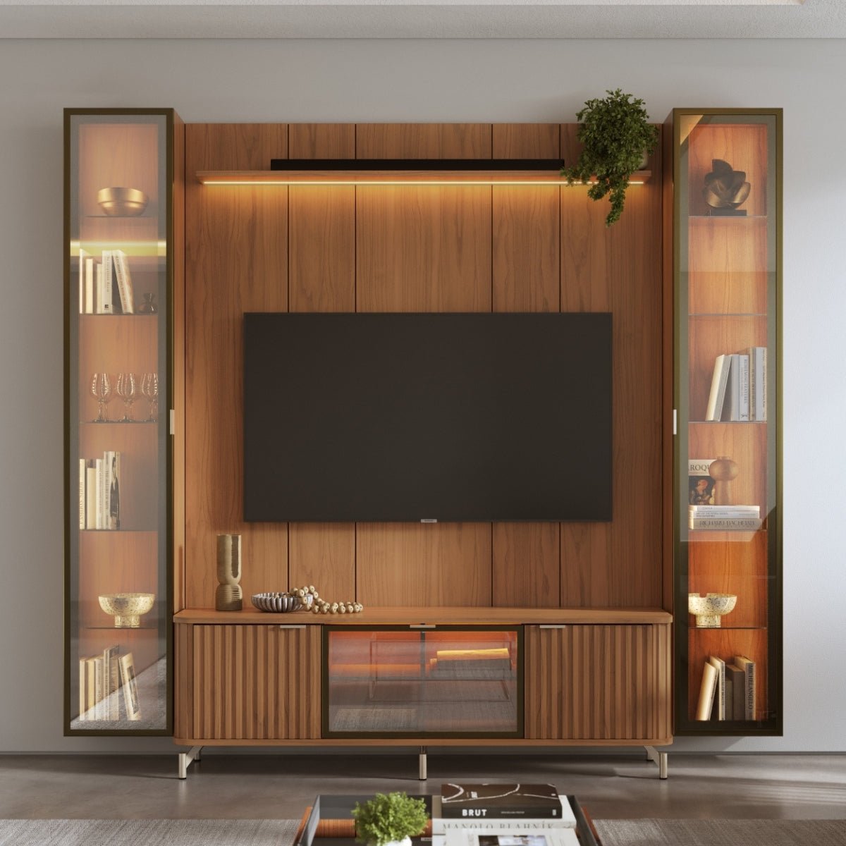 Estante para TV até 75 Polegadas com 2 Cristaleiras Vidro Reflecta 100% MDF com Led Neon Float 254cm - Província - Rack com painel
