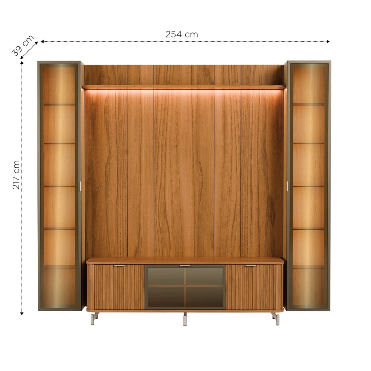 Estante para TV até 75 Polegadas com 2 Cristaleiras Vidro Reflecta 100% MDF com Led Neon Float 254cm - Província - Rack com painel