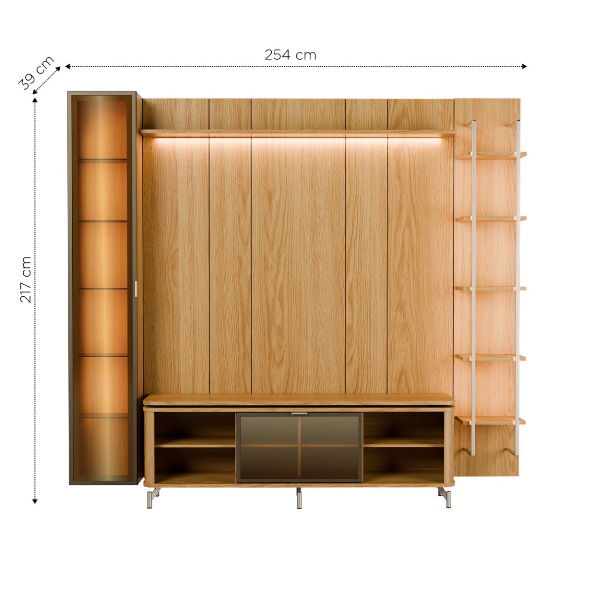 Estante para TV até 75 Polegadas com Prateleiras e Cristaleira Vidro Reflecta 100% MDF com Led Lincoln Float 254cm - Província - Rack com painel