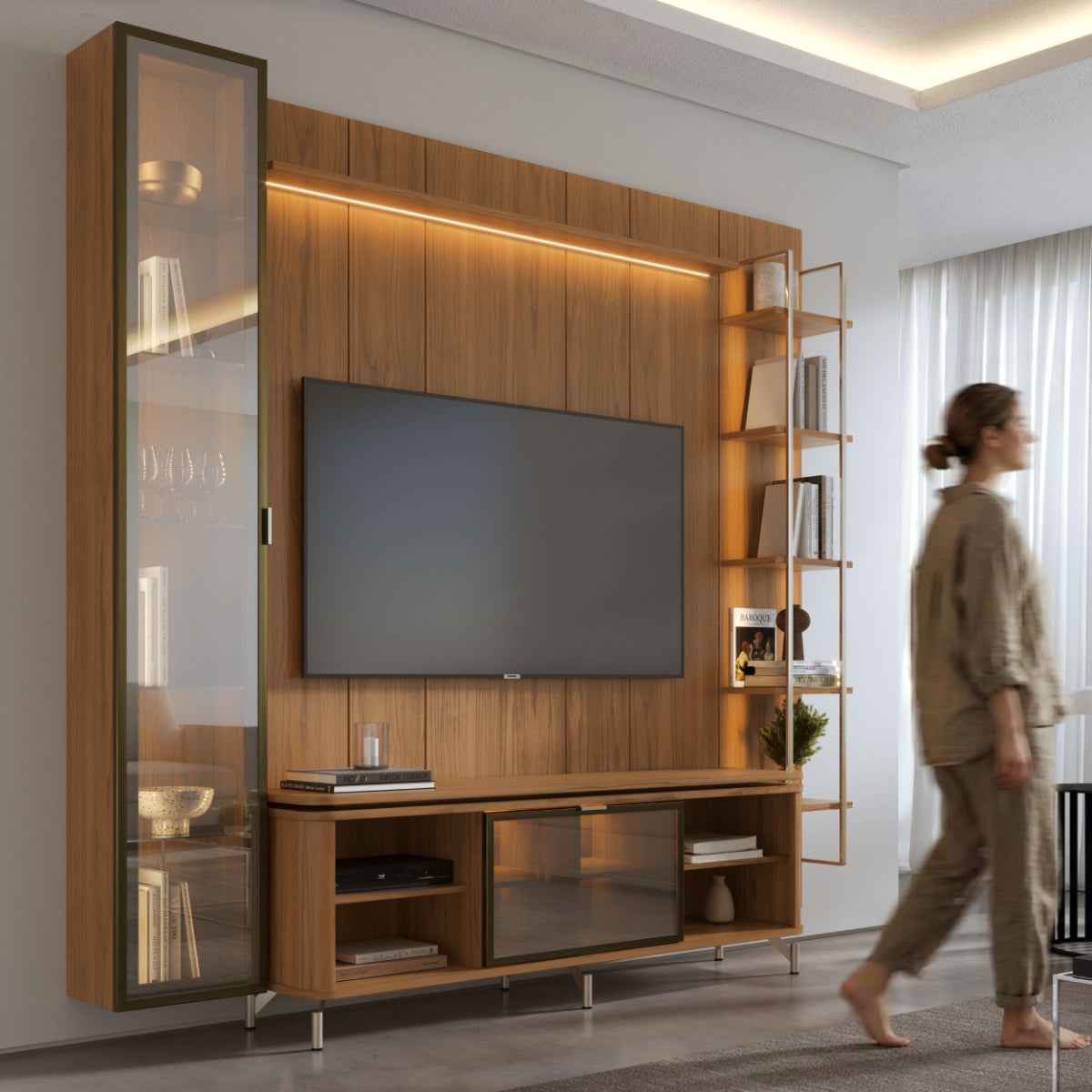 Estante para TV até 75 Polegadas com Prateleiras e Cristaleira Vidro Reflecta 100% MDF com Led Lincoln Float 254cm - Província - Rack com painel