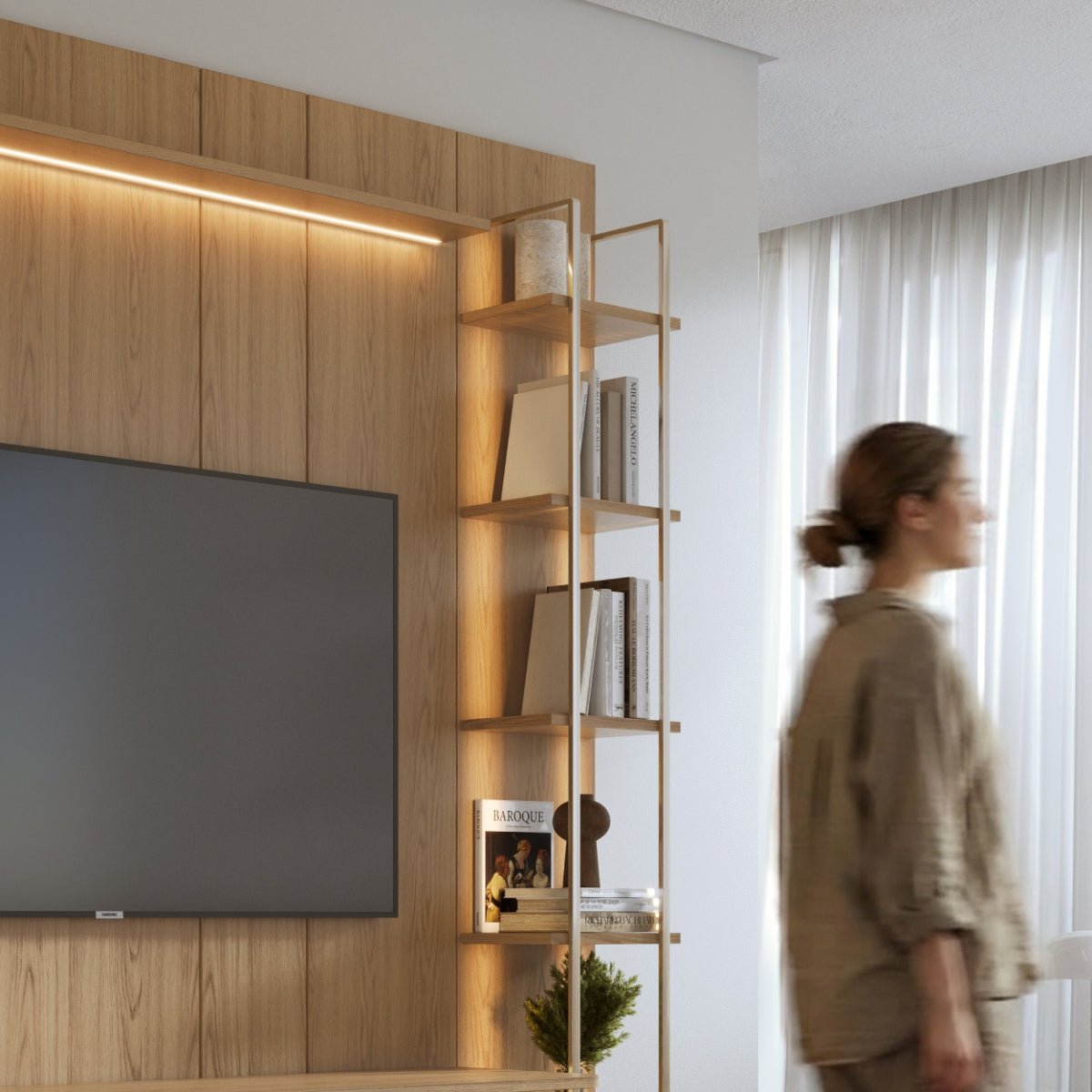 Estante para TV até 75 Polegadas com Prateleiras e Cristaleira Vidro Reflecta 100% MDF com Led Lincoln Float 254cm - Província - Rack com painel