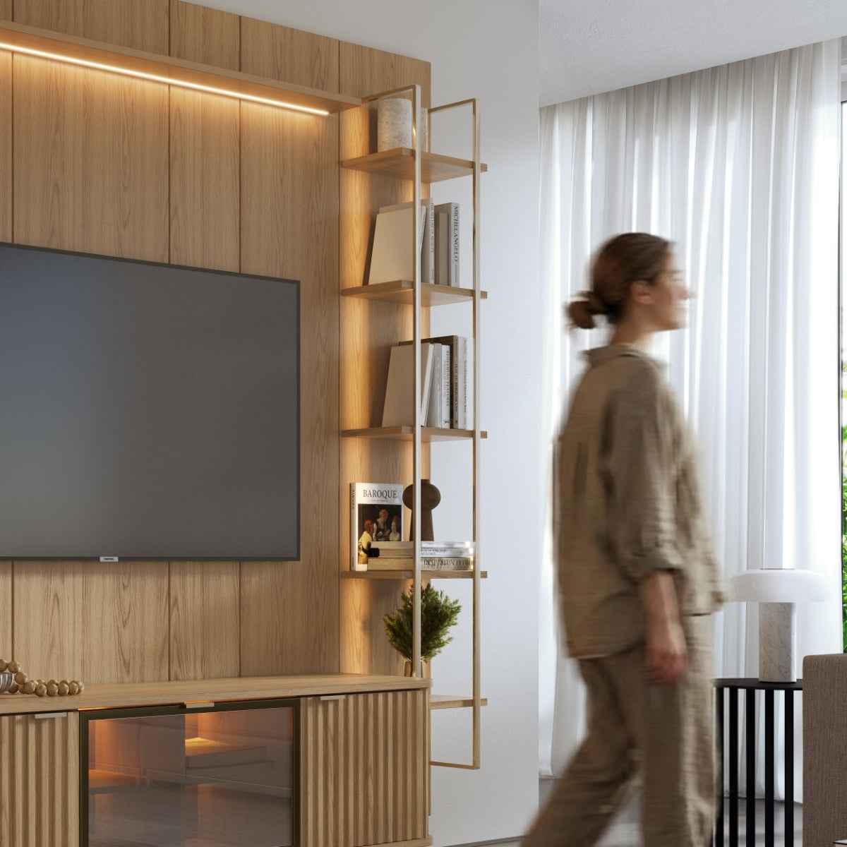 Estante para TV até 75 Polegadas com Prateleiras e Cristaleira Vidro Reflecta 100% MDF com Led Neon Float 254cm - Província - Rack com painel