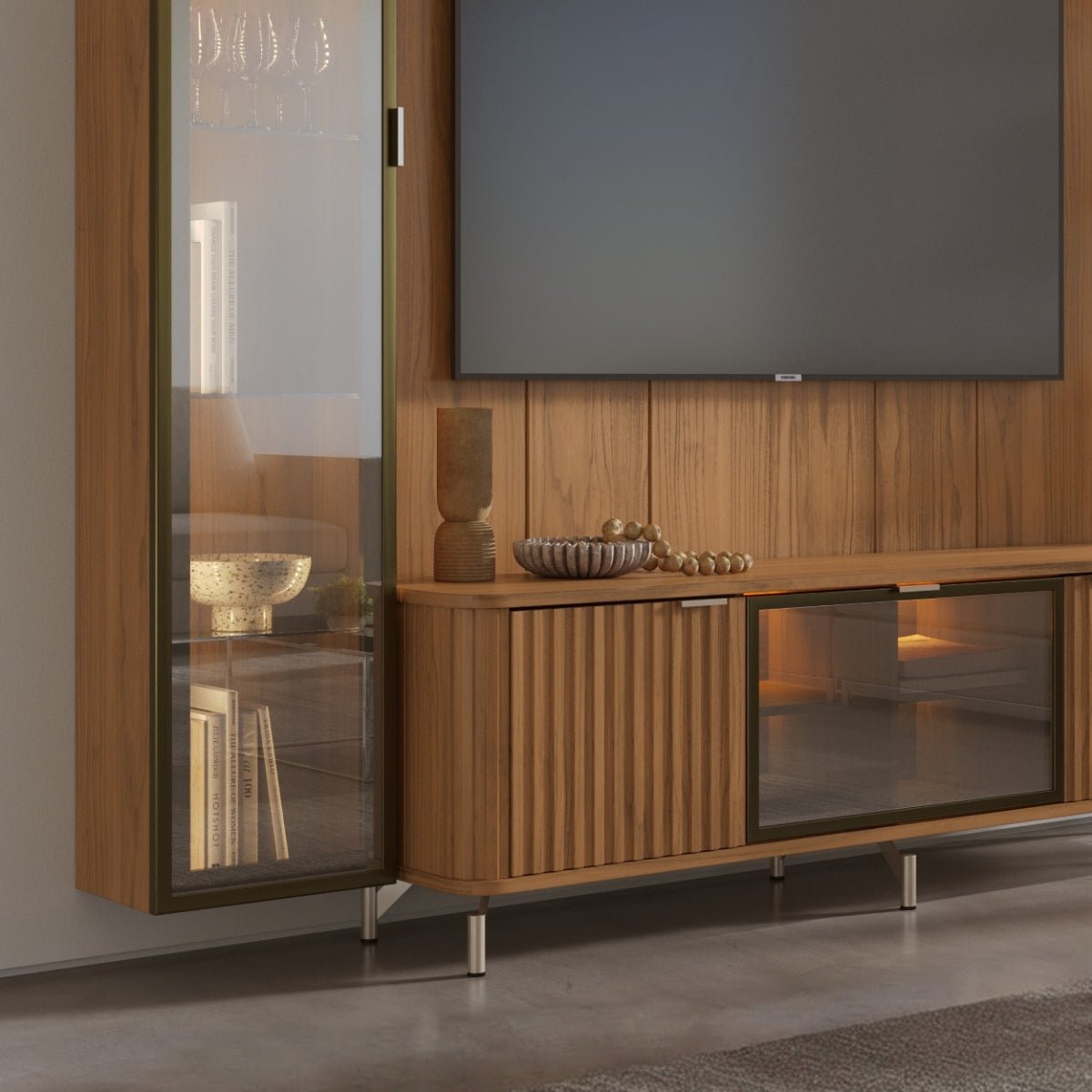 Estante para TV até 75 Polegadas com Prateleiras e Cristaleira Vidro Reflecta 100% MDF com Led Neon Float 254cm - Província - Rack com painel