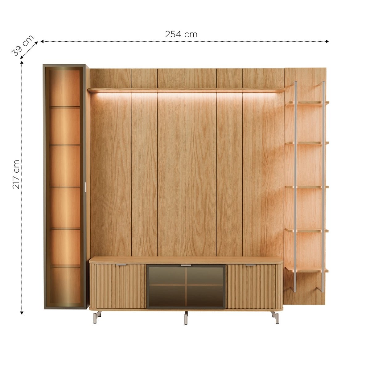Estante para TV até 75 Polegadas com Prateleiras e Cristaleira Vidro Reflecta 100% MDF com Led Neon Float 254cm - Província - Rack com painel