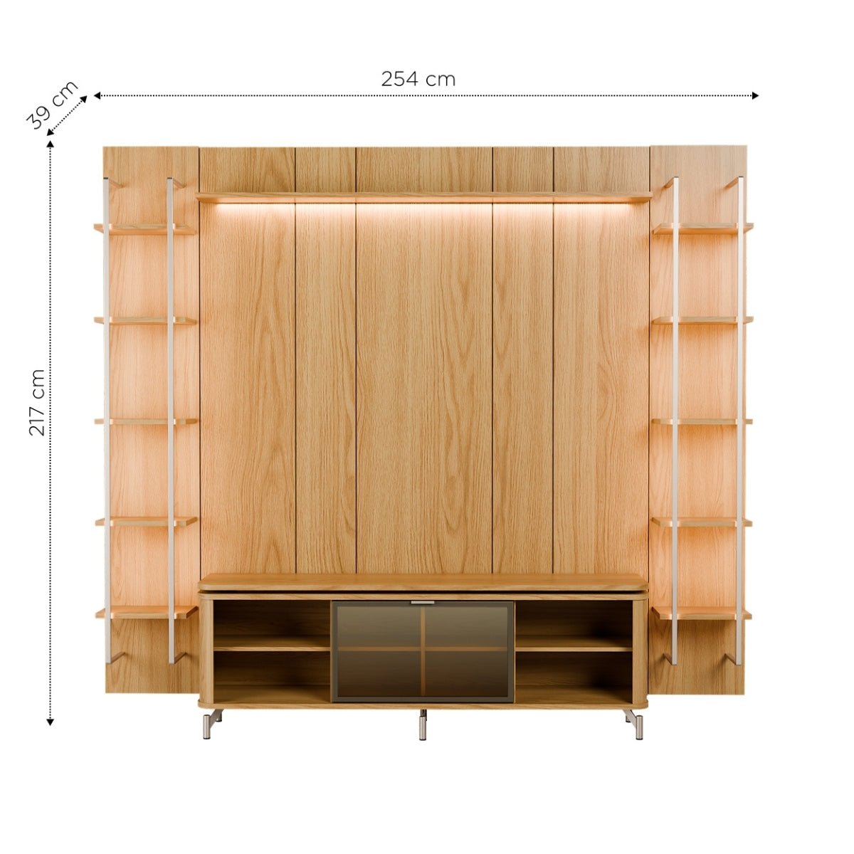 Estante para TV até 75 Polegadas Vidro Reflecta com Prateleiras 100% MDF com Led Lincoln Float 254cm - Província - Rack com painel