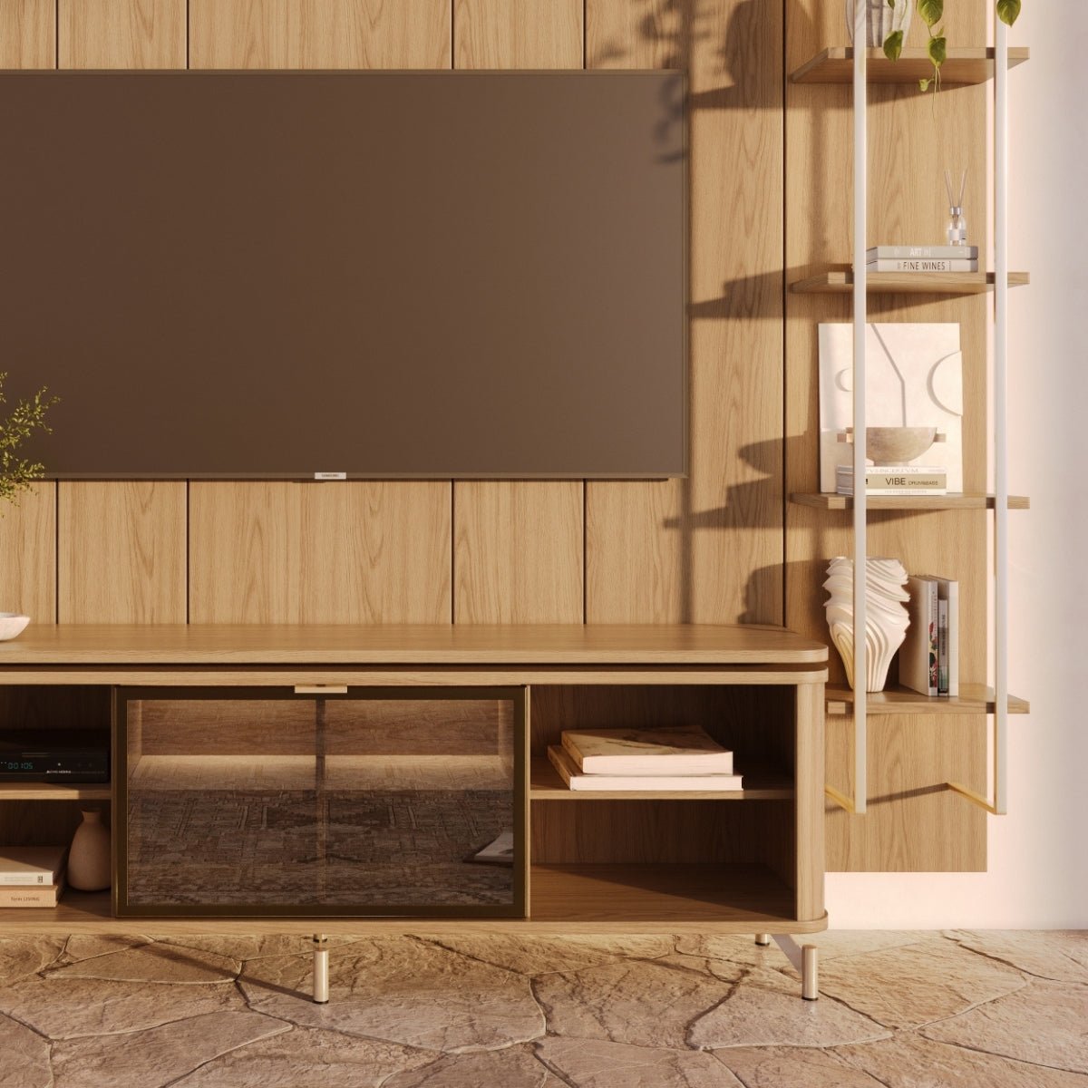 Estante para TV até 75 Polegadas Vidro Reflecta com Prateleiras 100% MDF com Led Lincoln Float 254cm - Província - Rack com painel