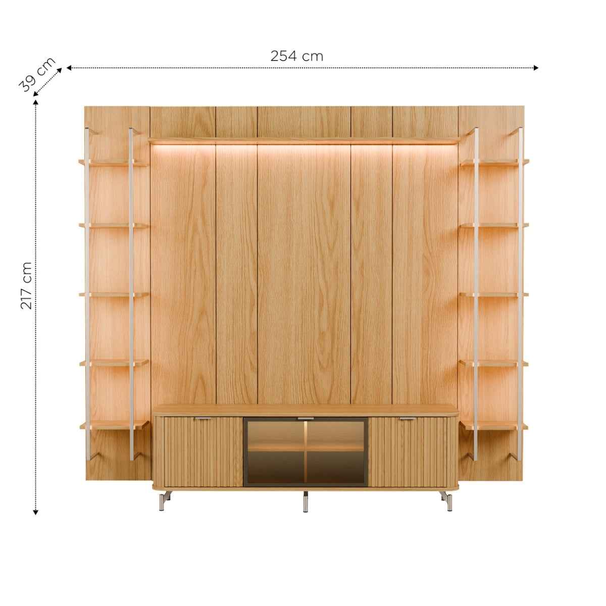 Estante para TV até 75 Polegadas Vidro Reflecta com Prateleiras 100% MDF com Led Neon Float 254cm - Província - Rack com painel