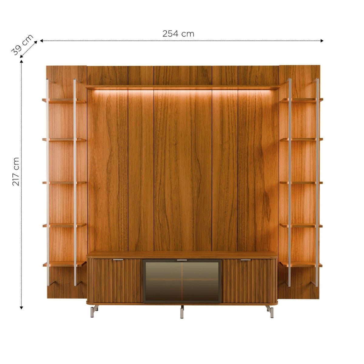 Estante para TV até 75 Polegadas Vidro Reflecta com Prateleiras 100% MDF com Led Neon Float 254cm - Província - Rack com painel