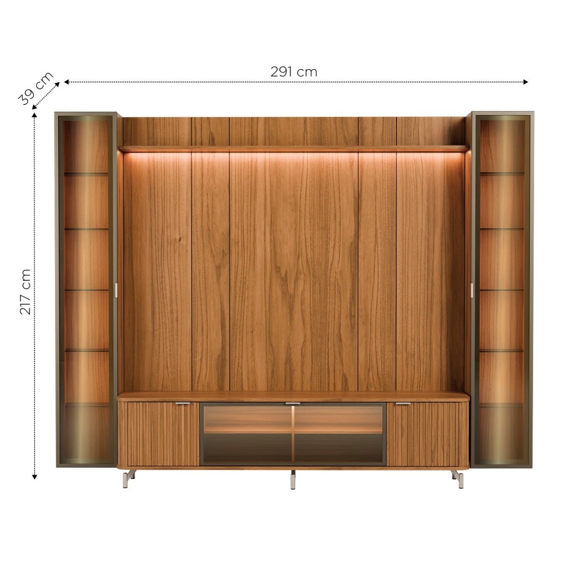Estante para TV até 85 Polegadas com 2 Cristaleiras Vidro Reflecta 100% MDF com Led Lincoln Float 291cm - Província - Rack com painel