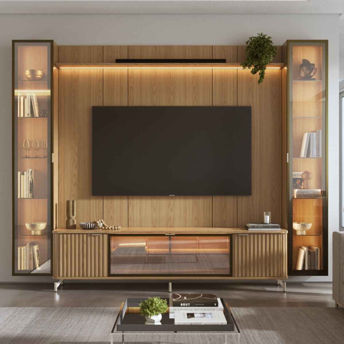 Estante para TV até 85 Polegadas com 2 Cristaleiras Vidro Reflecta 100% MDF com Led Lincoln Float 291cm - Província - Rack com painel