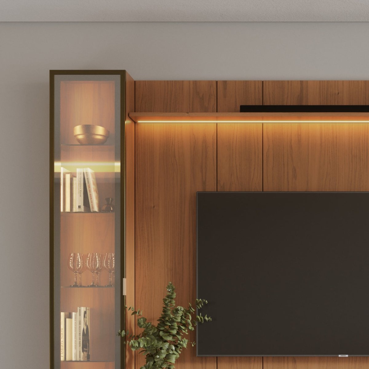 Estante para TV até 85 Polegadas com 2 Cristaleiras Vidro Reflecta 100% MDF com Led Lincoln Float 291cm - Província - Rack com painel