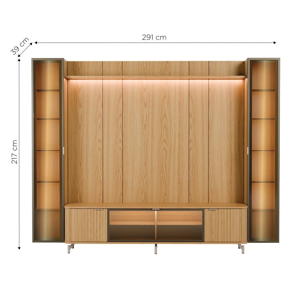Estante para TV até 85 Polegadas com 2 Cristaleiras Vidro Reflecta 100% MDF com Led Neon Float 291cm - Província - Rack com painel