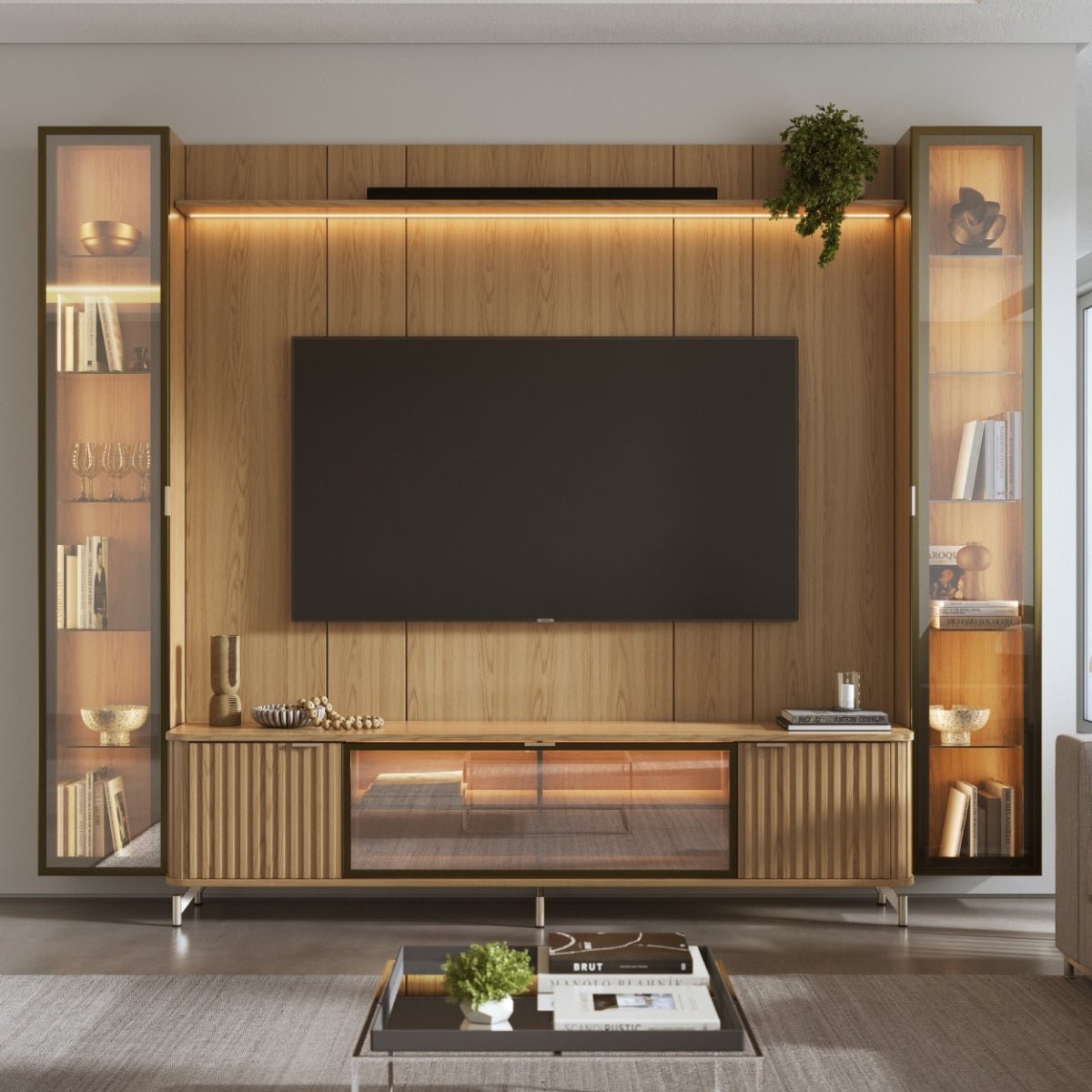 Estante para TV até 85 Polegadas com 2 Cristaleiras Vidro Reflecta 100% MDF com Led Neon Float 291cm - Província - Rack com painel