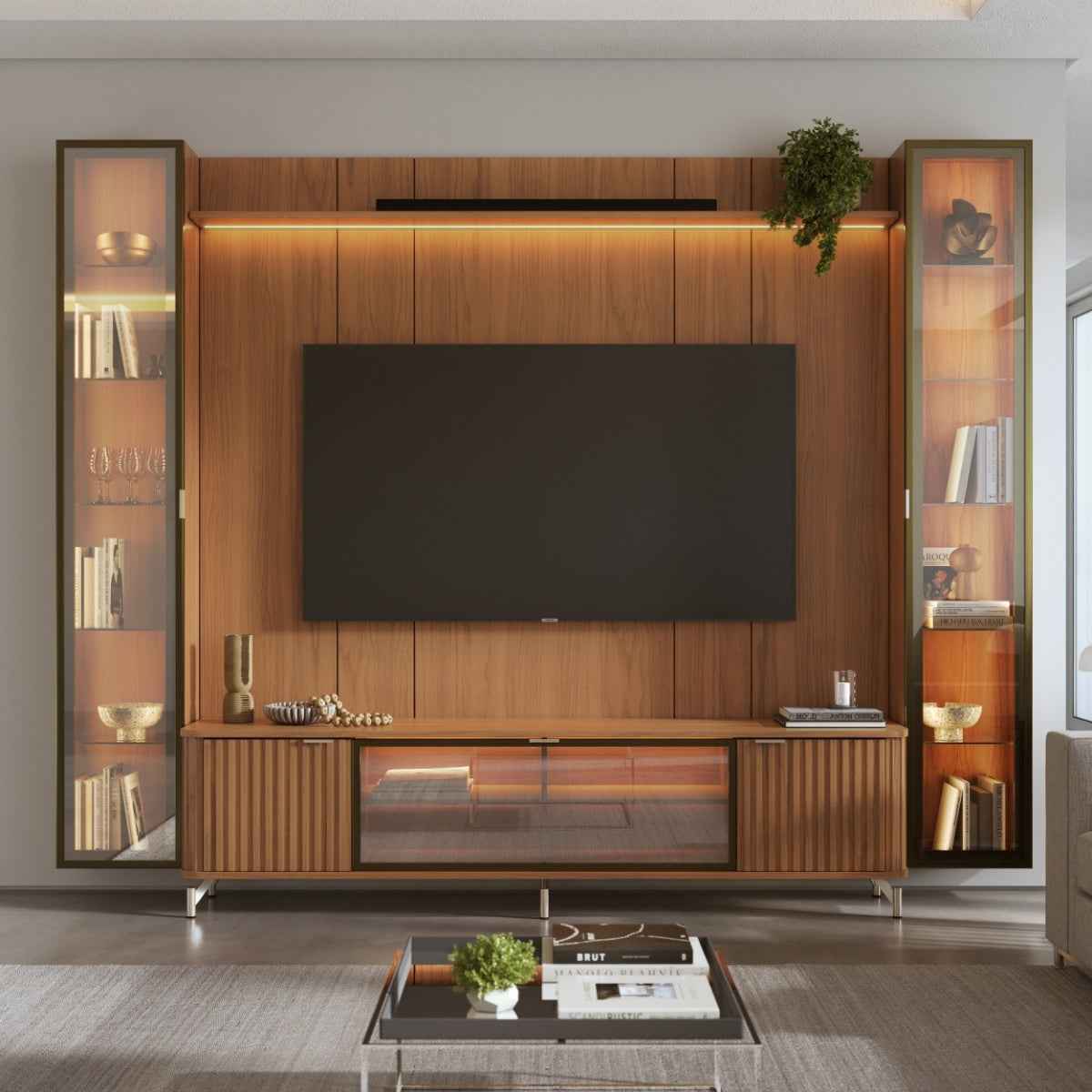 Estante para TV até 85 Polegadas com 2 Cristaleiras Vidro Reflecta 100% MDF com Led Neon Float 291cm - Província - Rack com painel