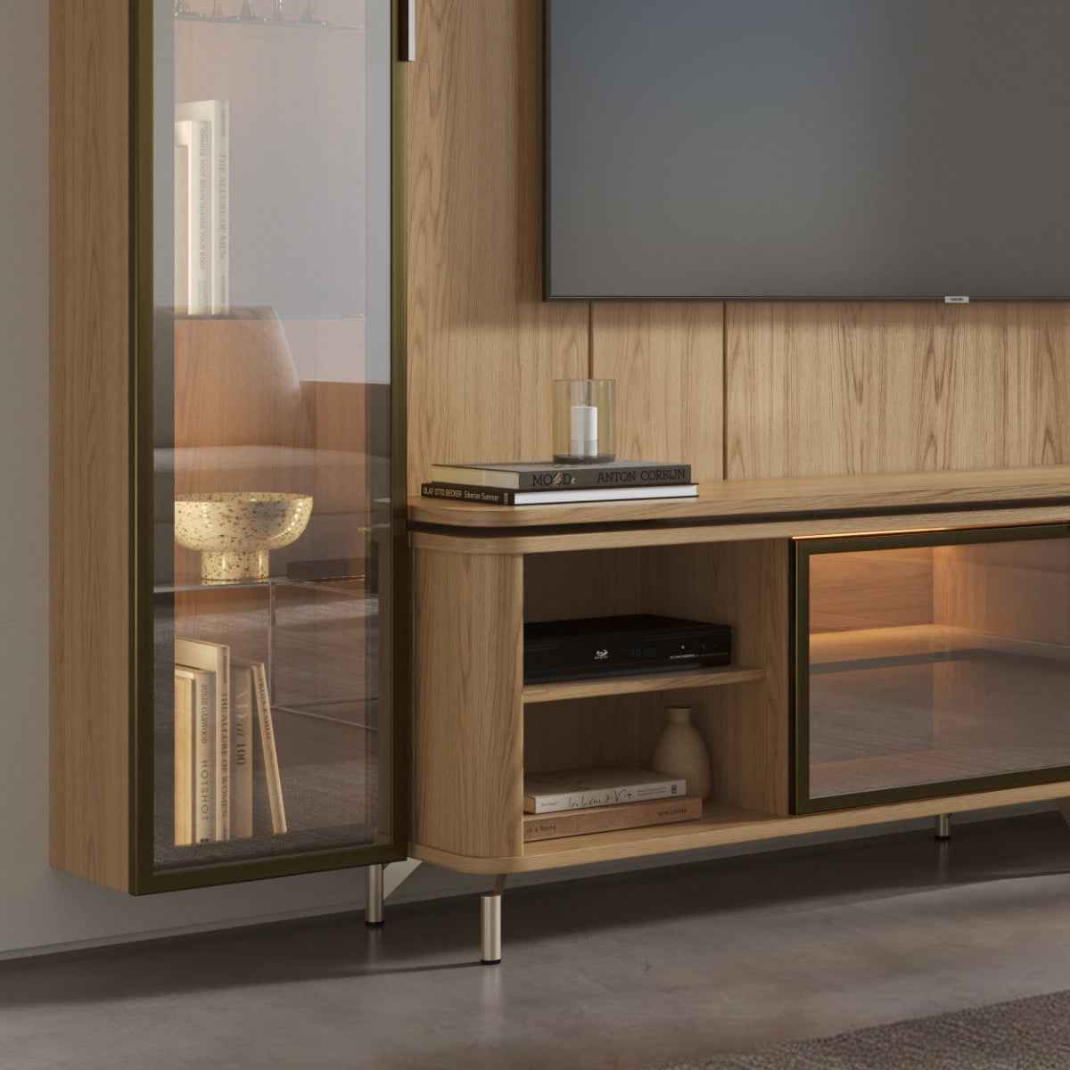 Estante para TV até 85 Polegadas com Prateleiras e Cristaleira Vidro Reflecta 100% MDF com Led Lincoln Float 291cm - Província - Rack com painel
