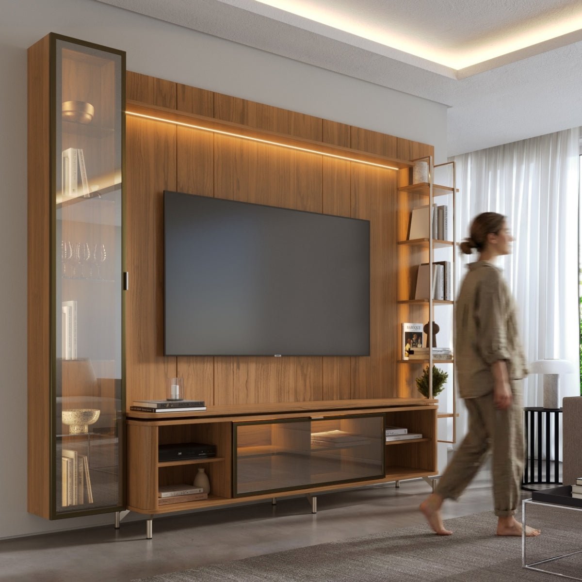 Estante para TV até 85 Polegadas com Prateleiras e Cristaleira Vidro Reflecta 100% MDF com Led Lincoln Float 291cm - Província - Rack com painel