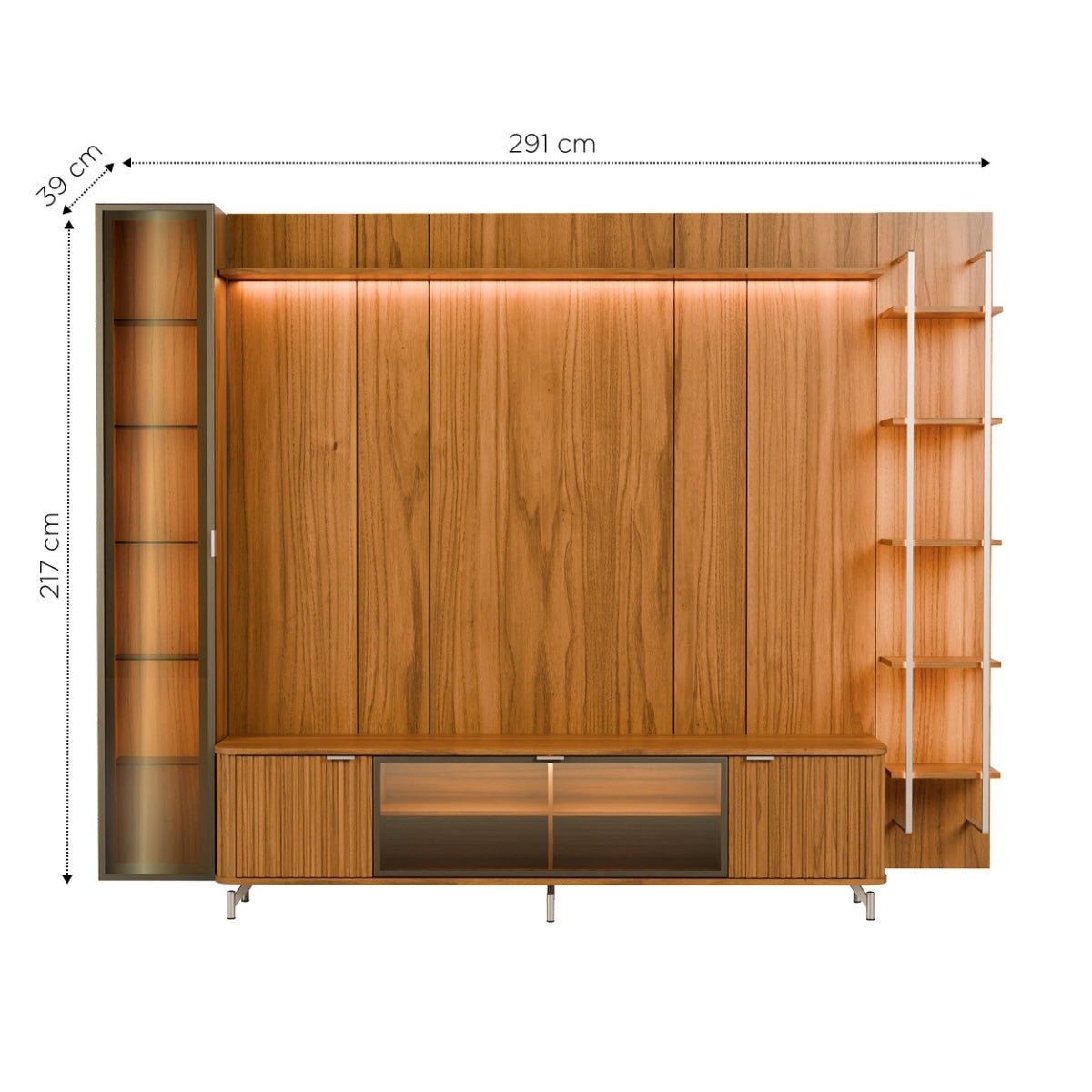 Estante para TV até 85 Polegadas com Prateleiras e Cristaleira Vidro Reflecta 100% MDF com Led Neon Float 291cm - Província - Rack com painel
